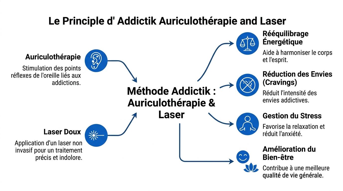 Schéma explicatif de la méthode Addictik utilisant l'auriculothérapie et le laser pour traiter les différentes addictions.