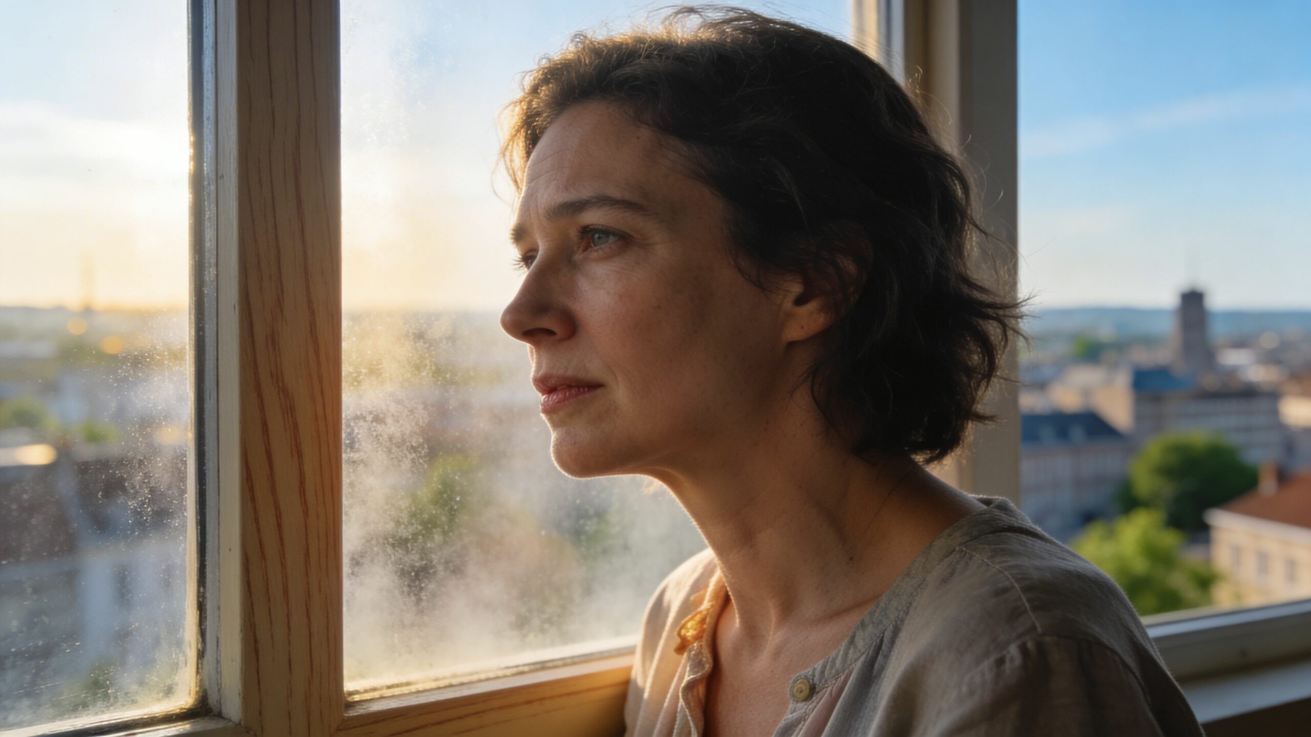 Une femme pensive regarde par la fenêtre avec une expression mélancolique lors d'un coucher de soleil urbain.