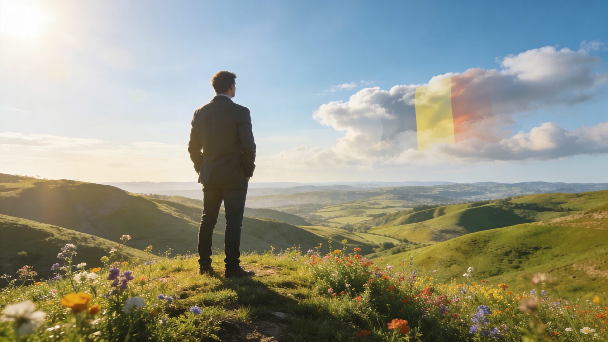 Un homme d'affaires admirant un paysage vallonné avec le drapeau de la Belgique formé par les nuages.