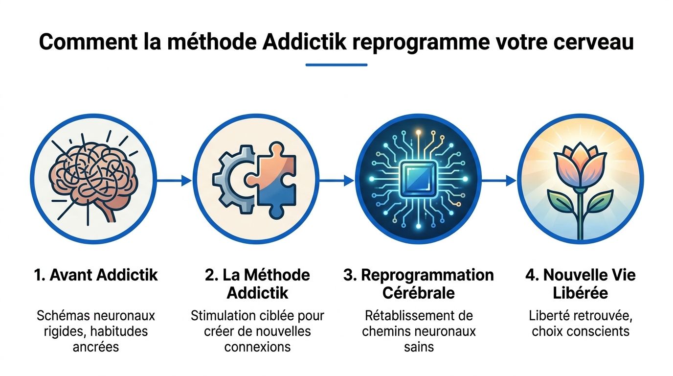 Schéma explicatif des quatre étapes de la méthode Addictik pour reprogrammer les habitudes et le cerveau.