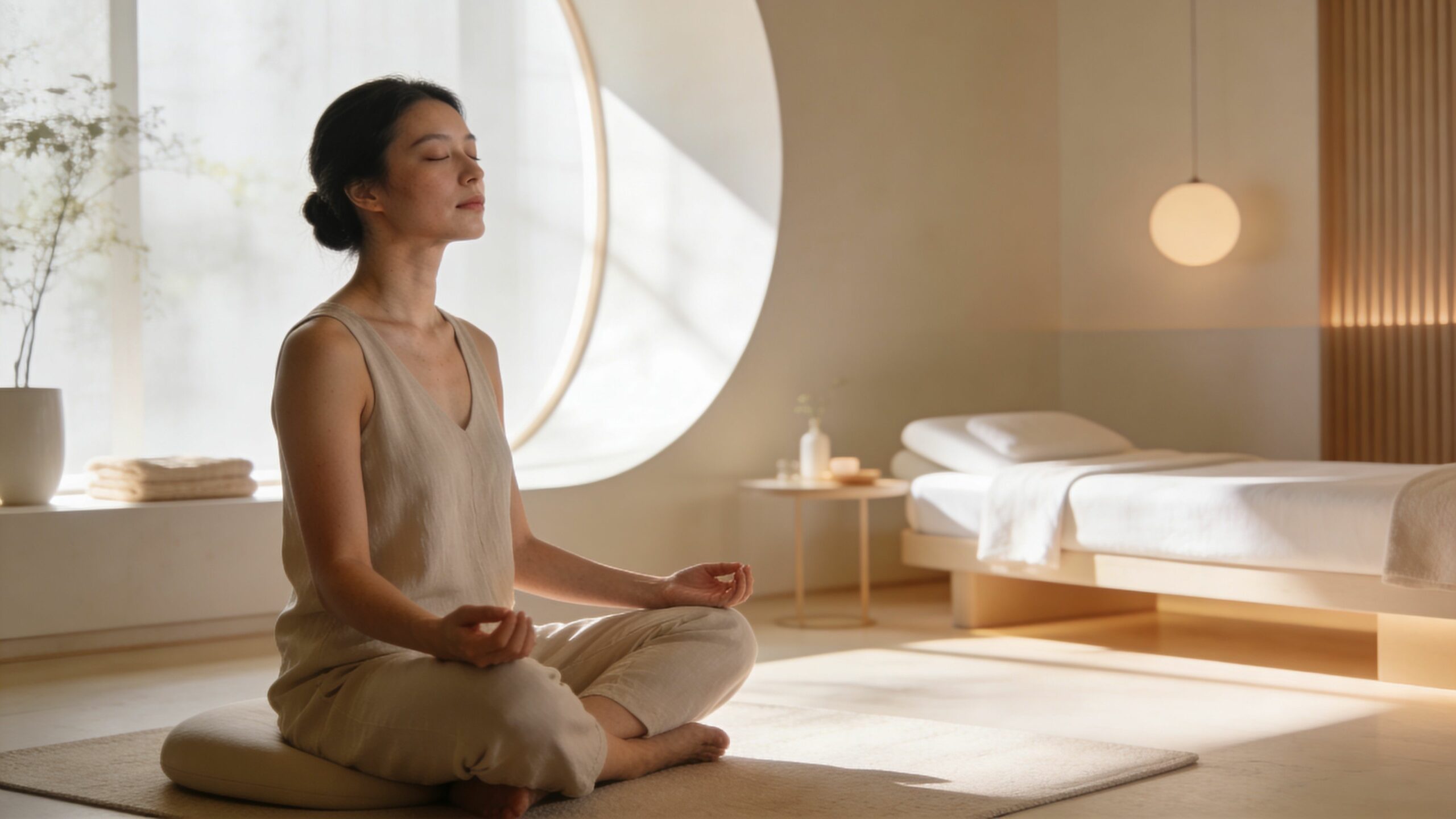 Une femme sereine en vêtements beiges méditant assise sur un coussin dans une pièce lumineuse et minimaliste.