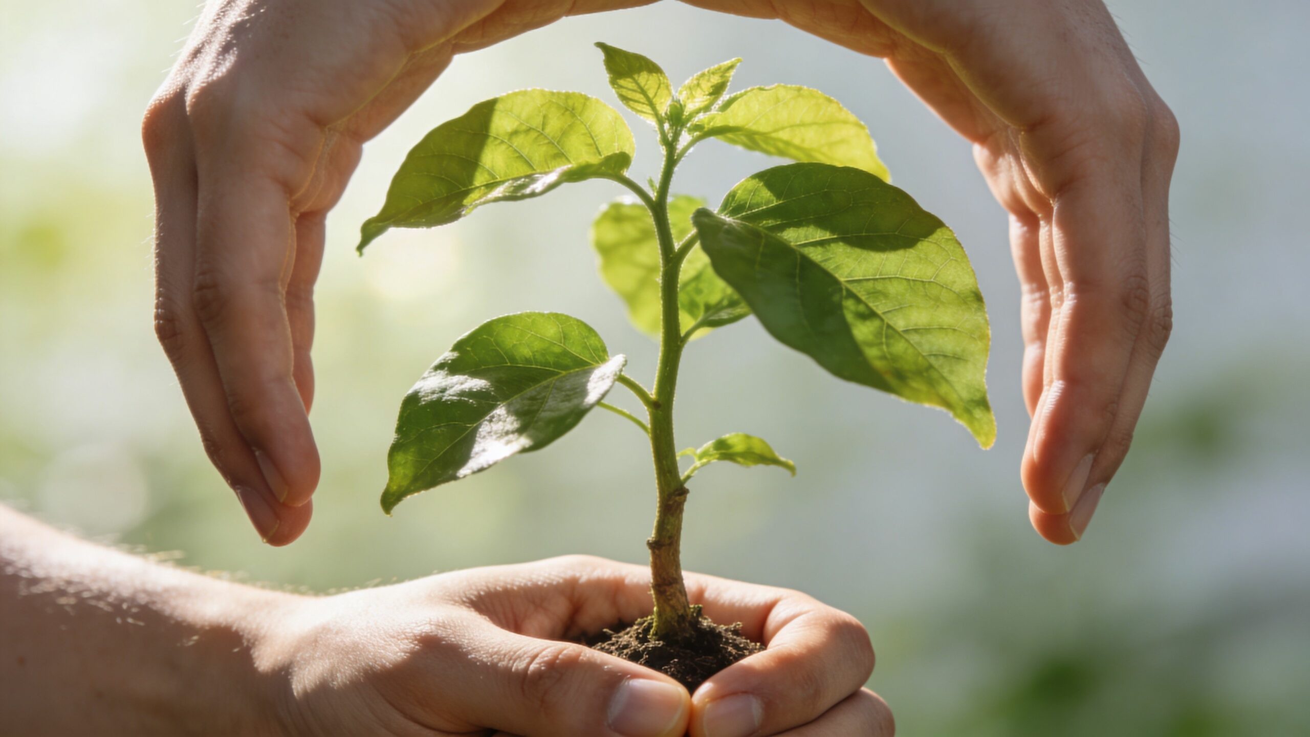 Des mains protectrices entourent un jeune plant vert poussant dans un peu de terre fertile.