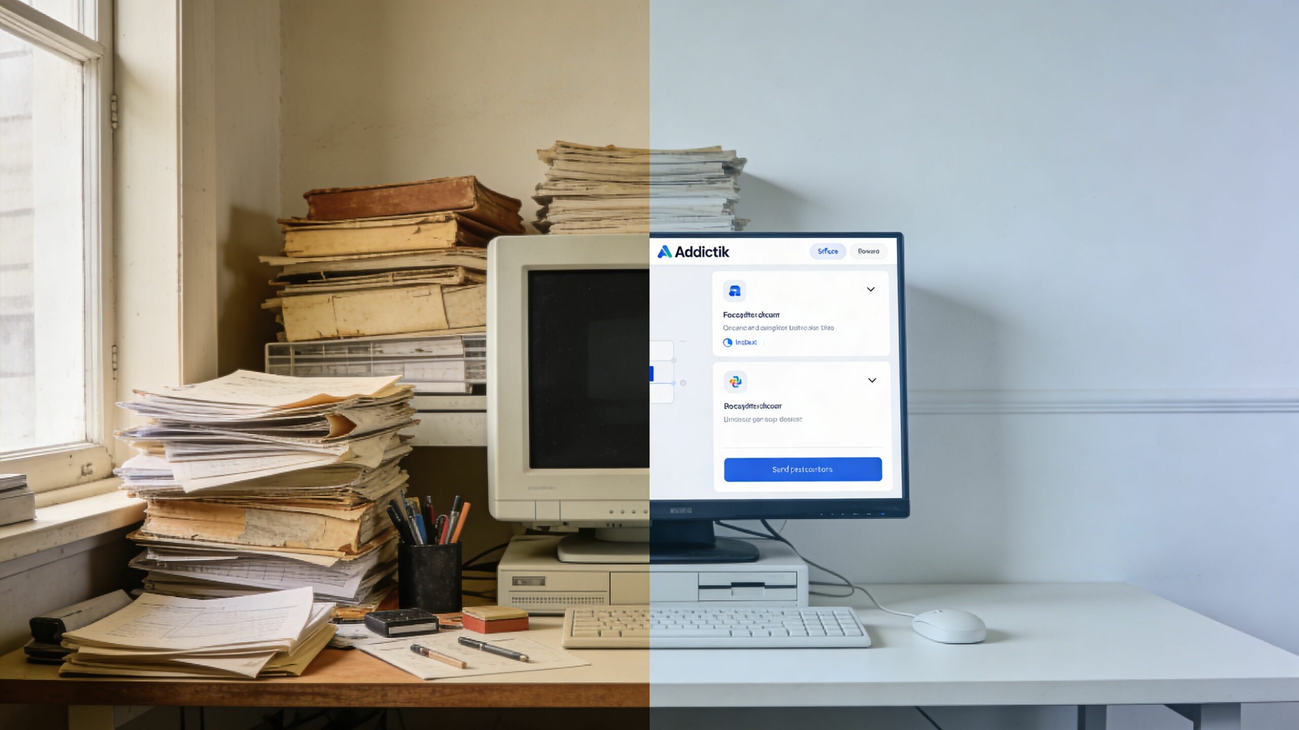 Une comparaison visuelle montrant la transition entre un bureau encombré de vieux dossiers et un espace de travail numérique moderne.