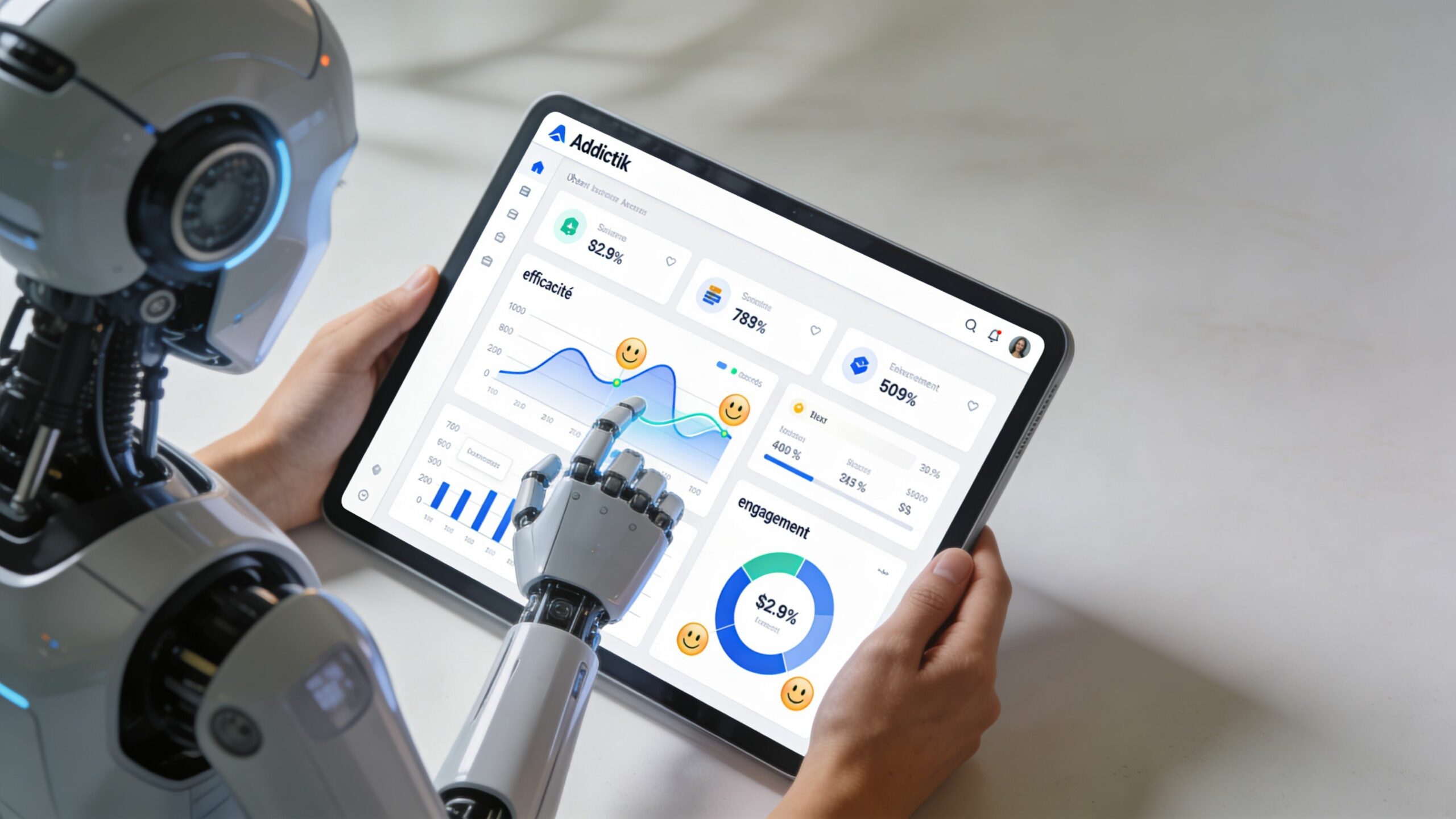 Un robot humanoïde futuriste manipule un écran de tablette affichant des données analytiques et graphiques.