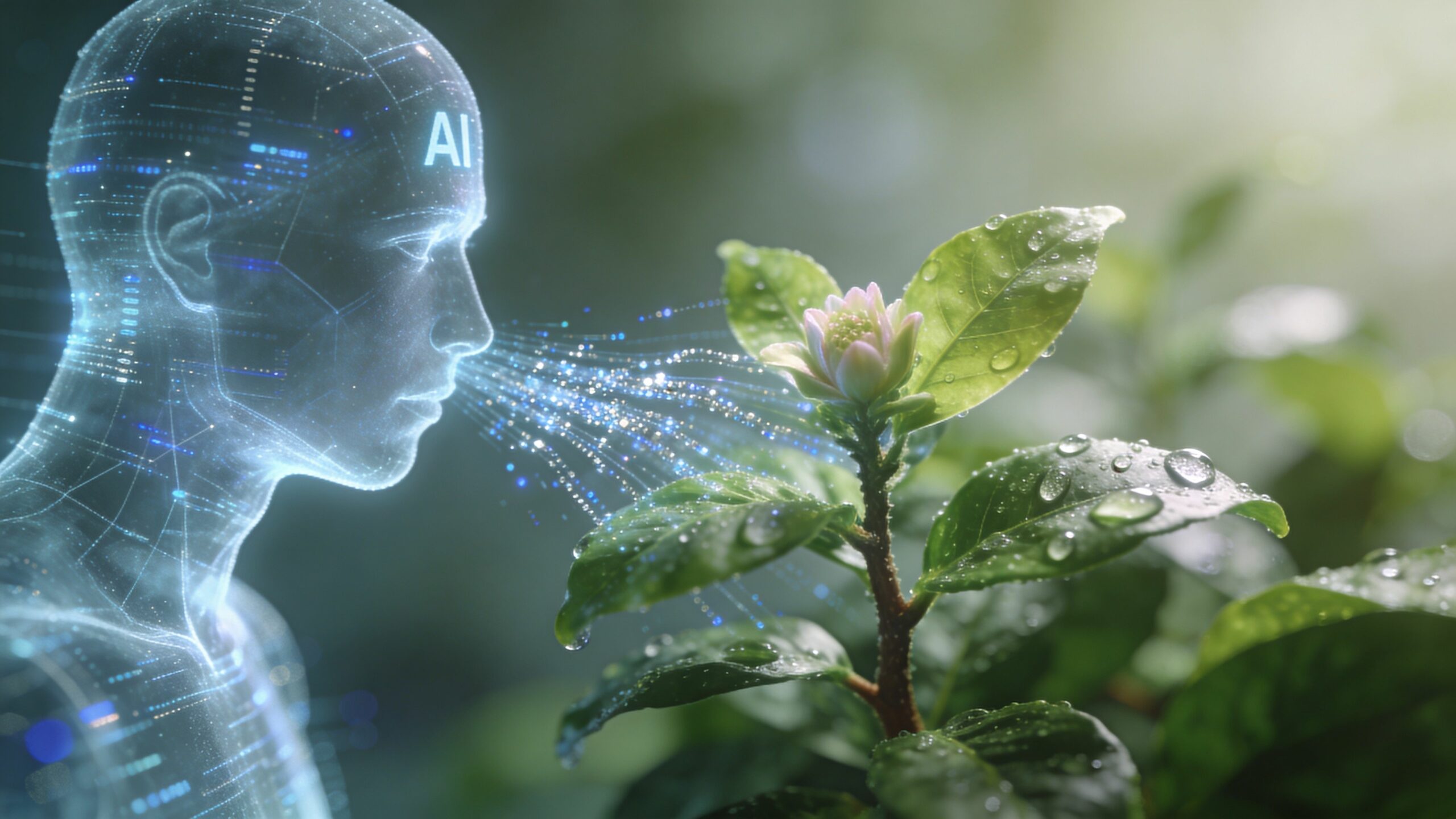 Une silhouette humaine numérique composée de données interagissant avec une plante verte fleurie dans un environnement naturel.