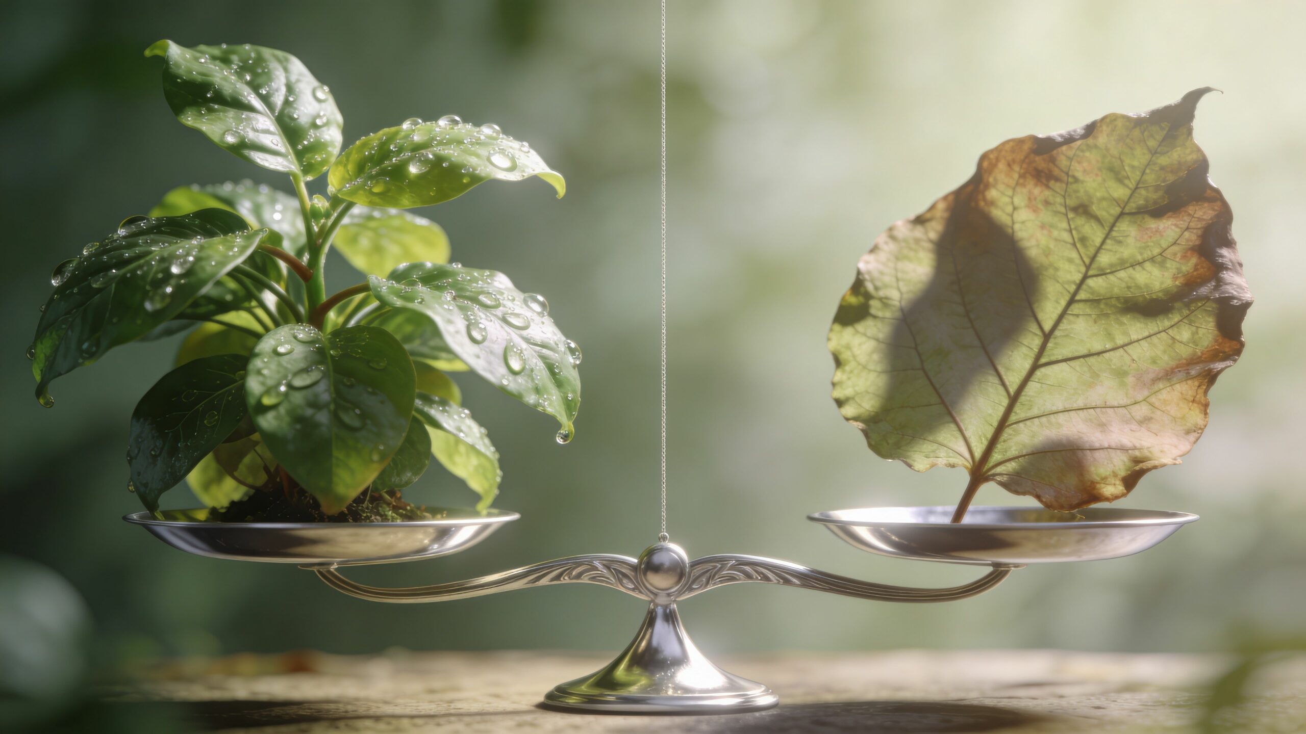 Une balance argentée équilibrant une plante vivante couverte de rosée et une feuille sèche et fanée.