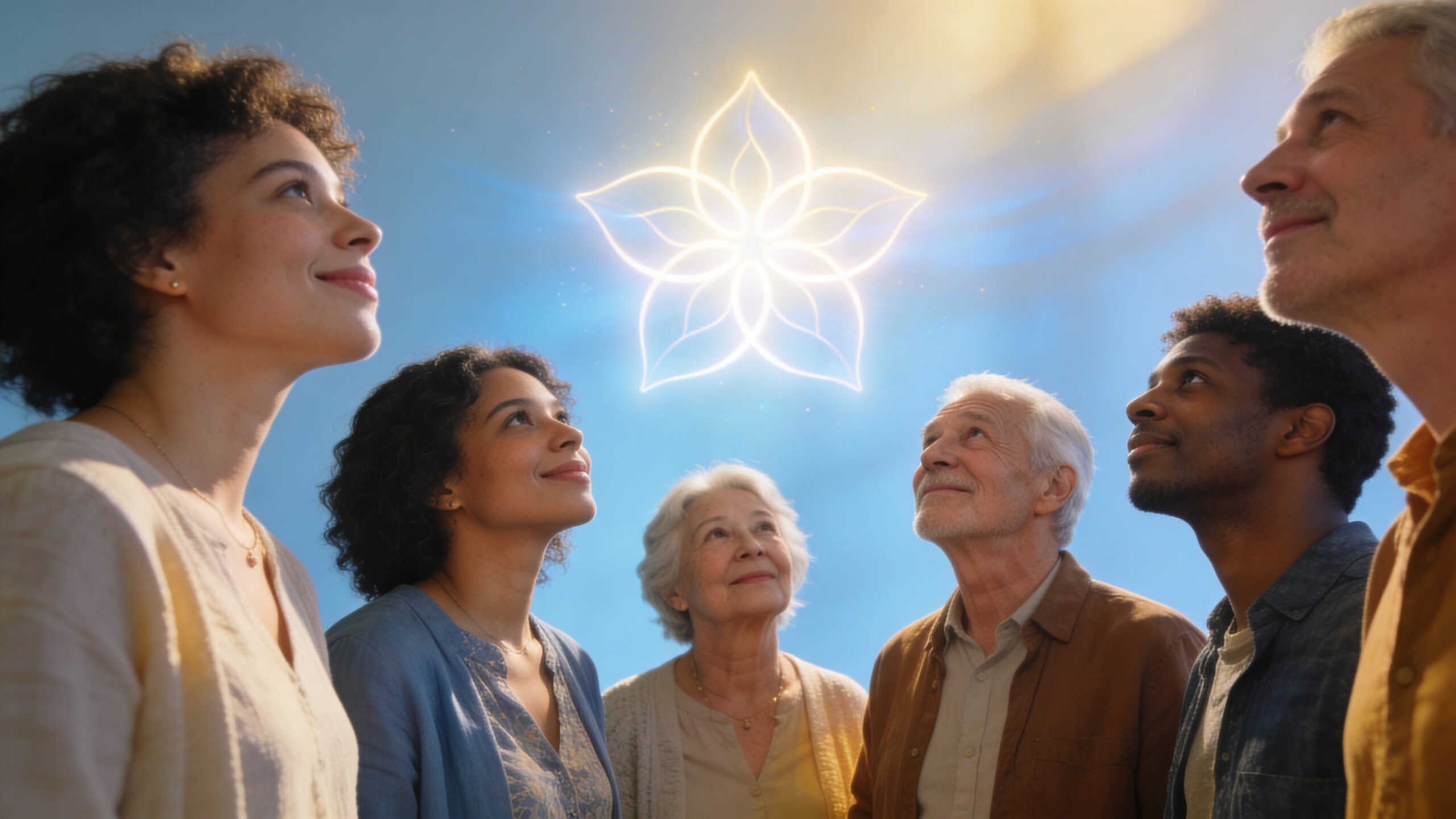 Un groupe diversifié de personnes regarde vers le haut une fleur lumineuse étincelante dans un ciel bleu.