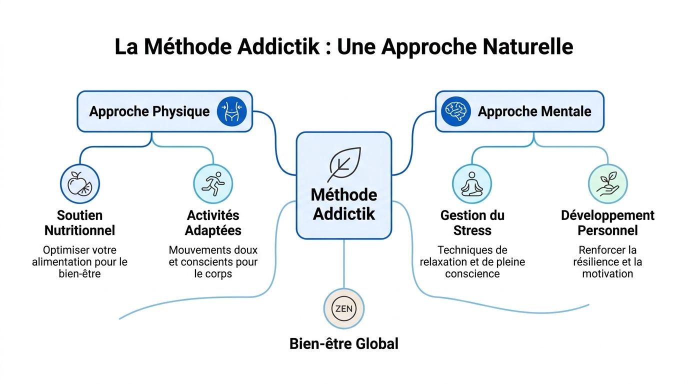 Schéma explicatif présentant la Méthode Addictik, une approche naturelle combinant bien-être physique et santé mentale globale.
