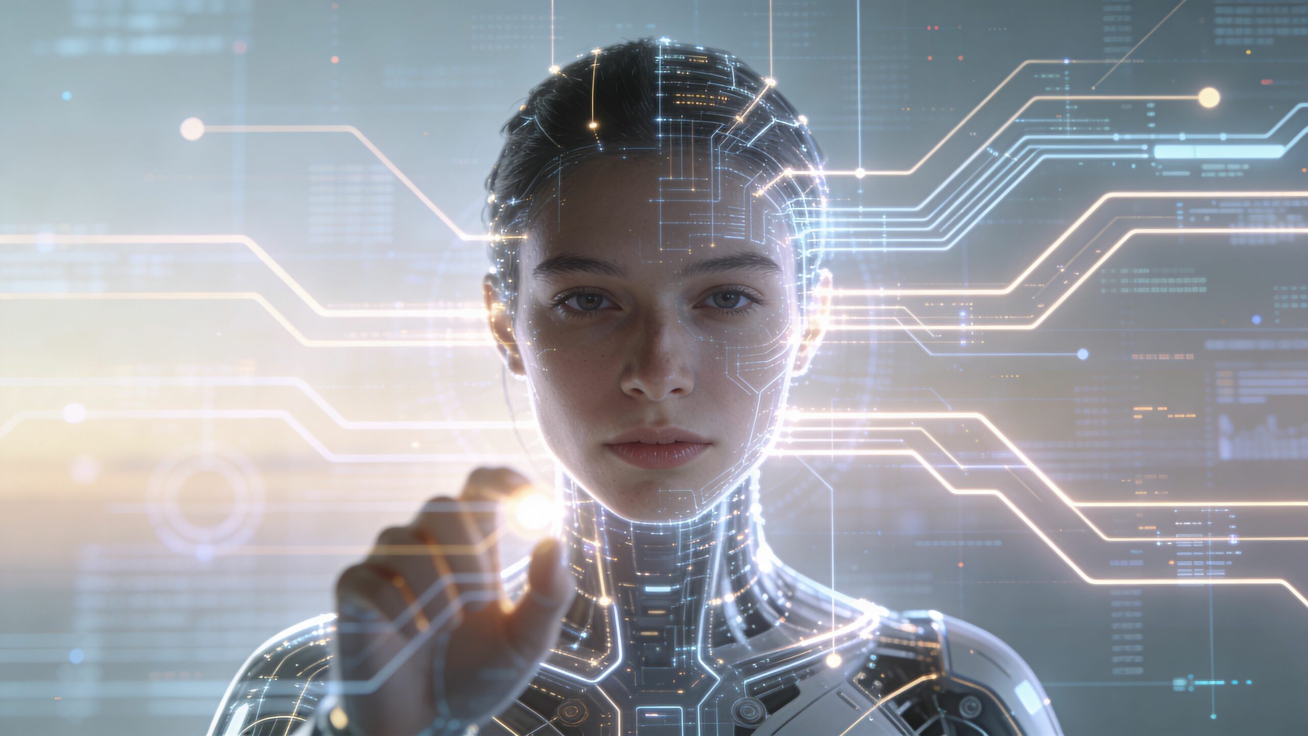 Une intelligence artificielle féminine interagissant avec une interface numérique futuriste composée de circuits lumineux complexes.