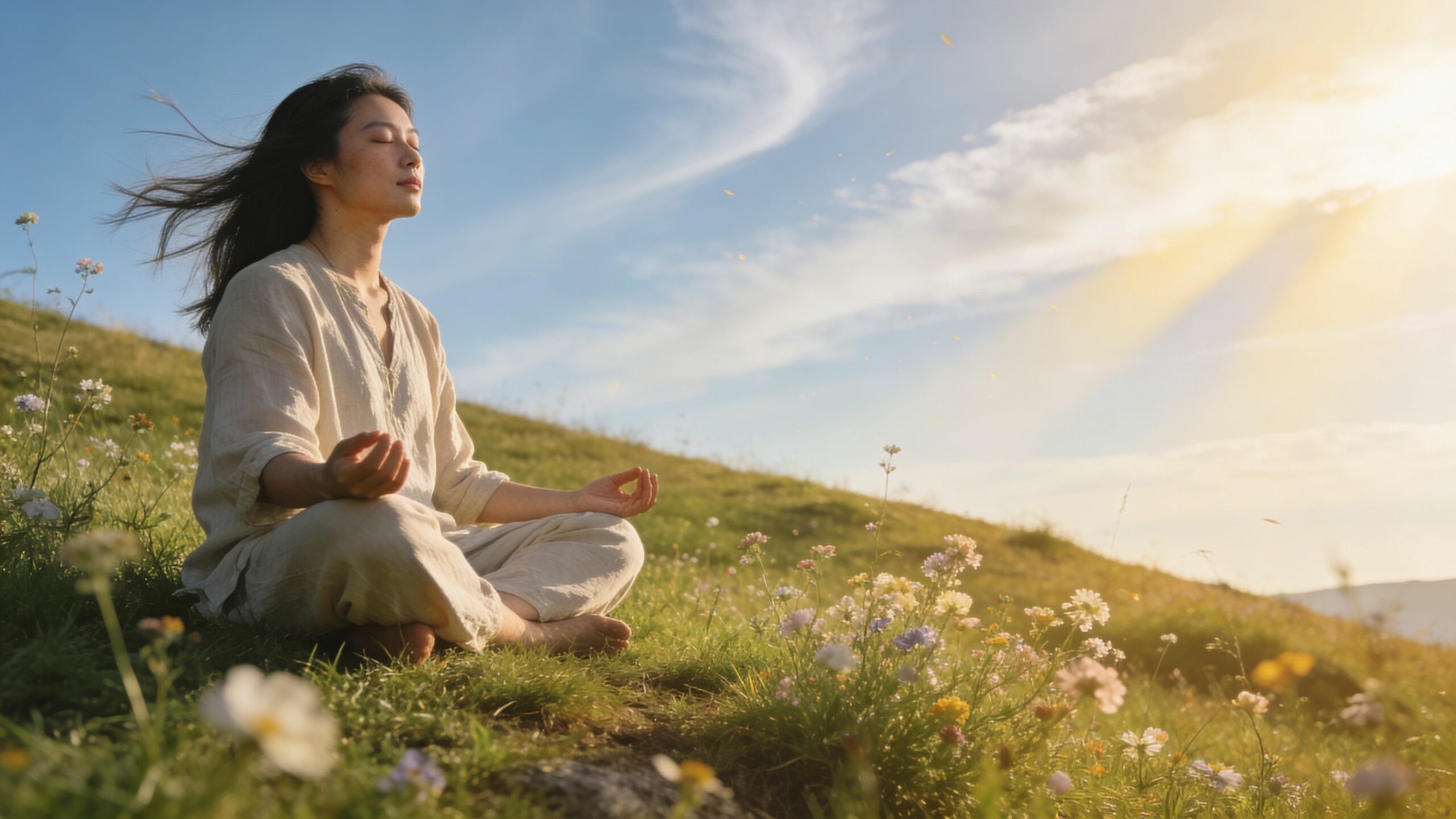 Une femme sereine méditant en position du lotus dans un champ de fleurs sous une lumière dorée.