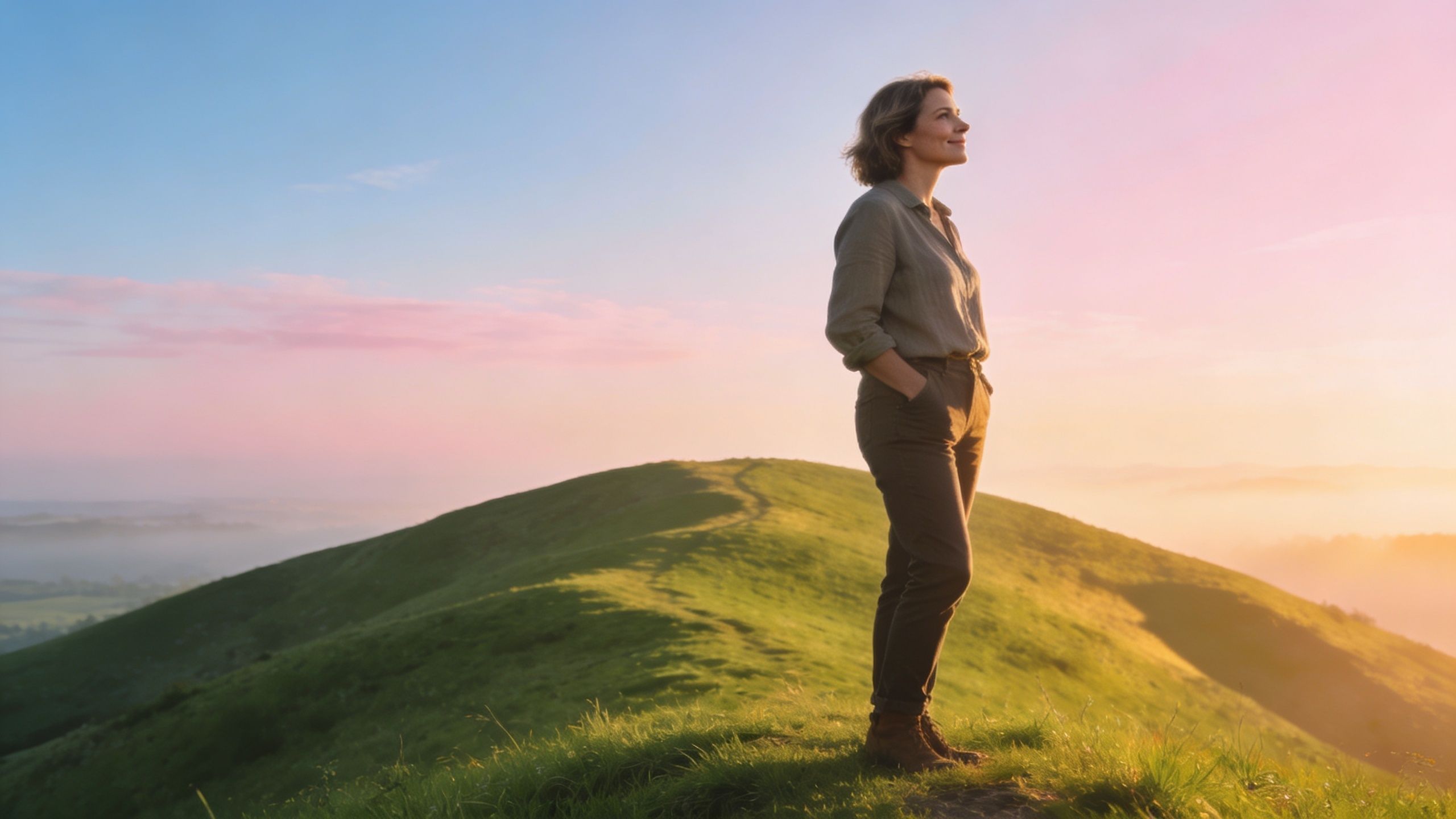 Une femme sereine debout sur le sommet d'une colline verdoyante admirant le lever du soleil paisible