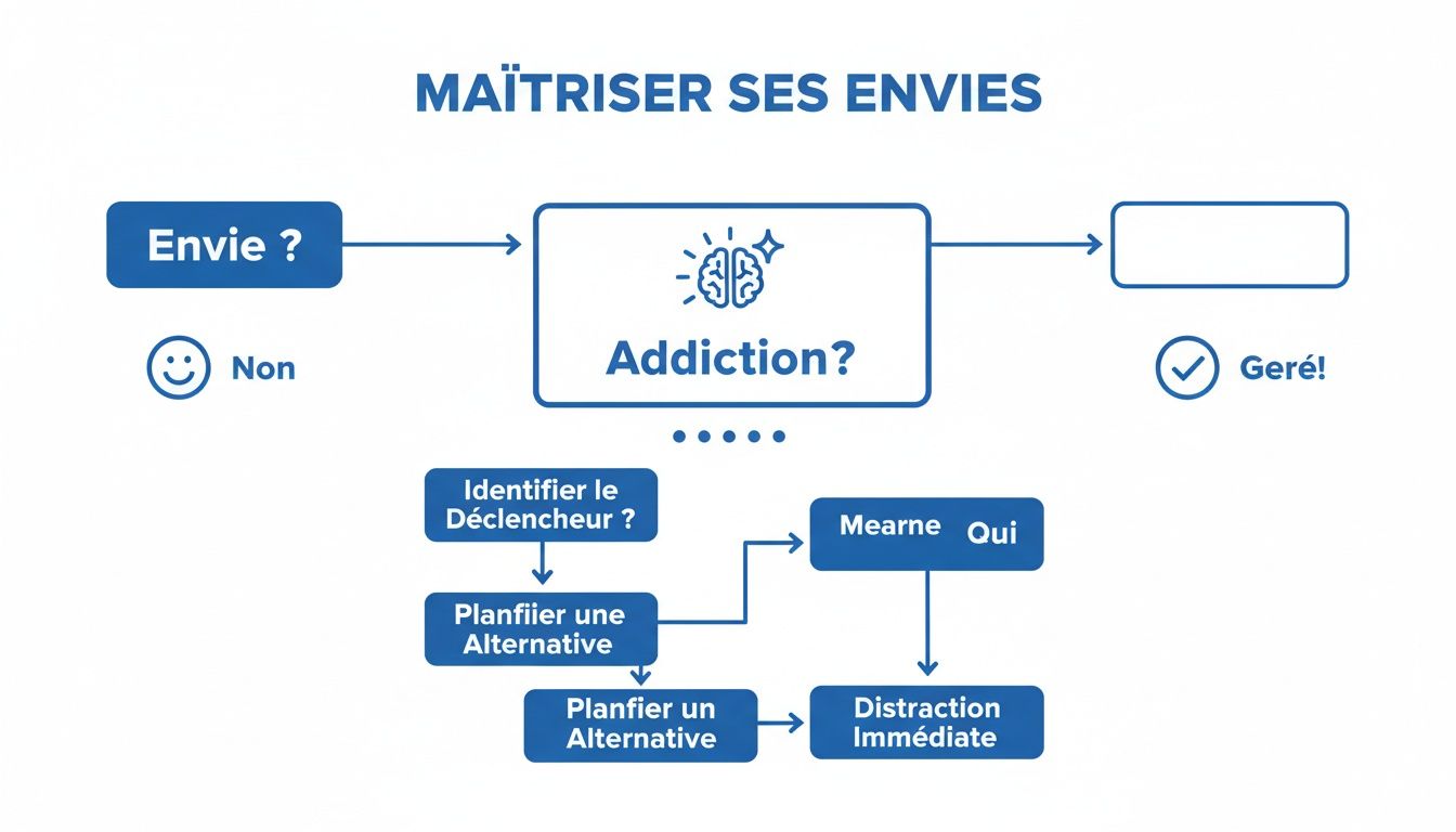 Un organigramme bleu et blanc expliquant comment maîtriser ses envies et gérer les addictions.