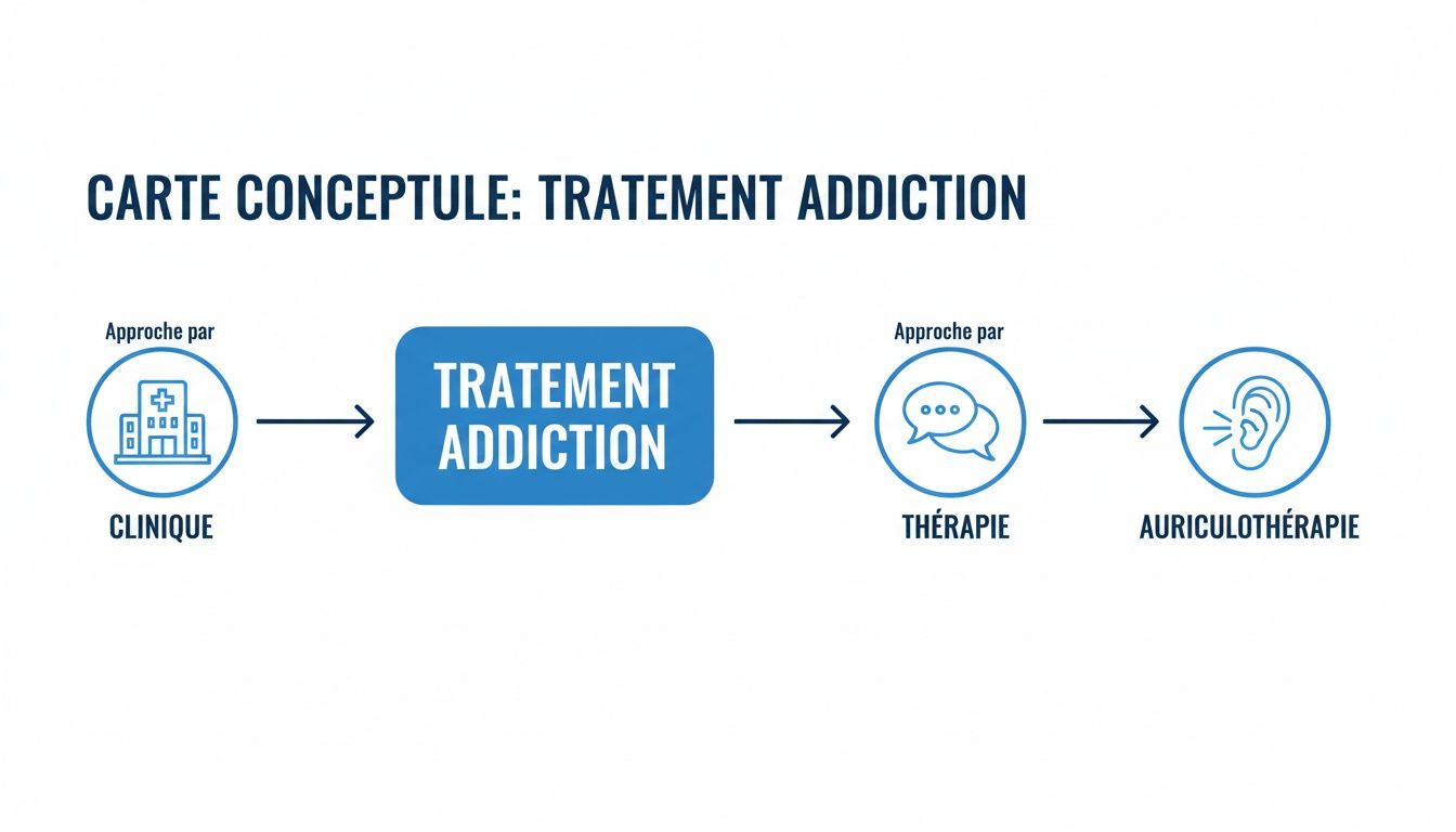 Carte conceptuelle du traitement de l'addiction, montrant un parcours de la clinique à la thérapie et l'auriculothérapie.