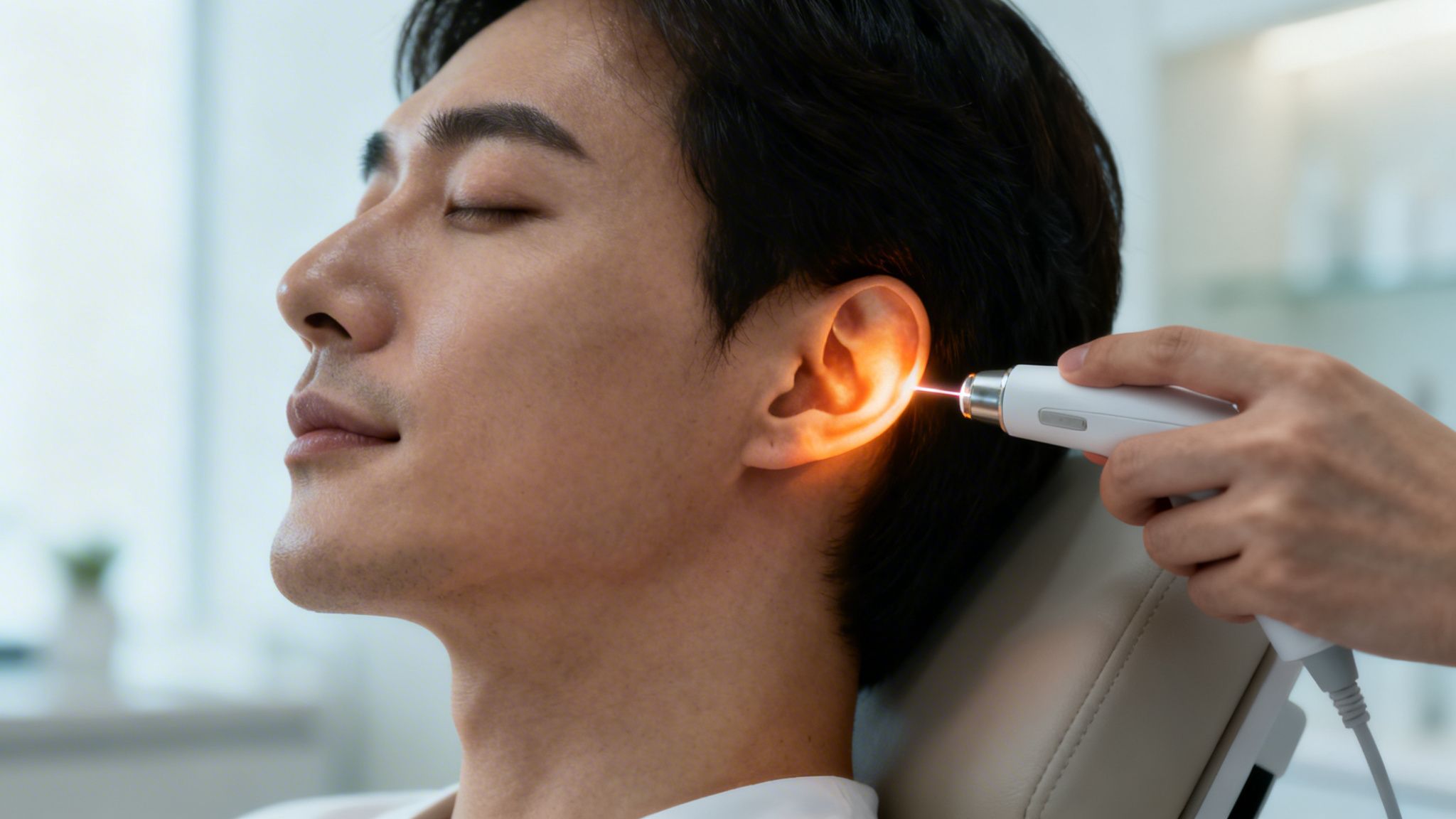 Un homme aux yeux fermés reçoit un traitement de lumière rouge sur son oreille dans une clinique.