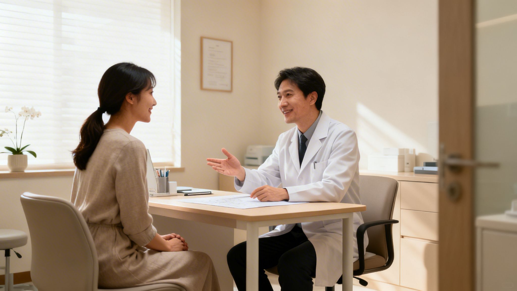 Une patiente souriante écoute attentivement un médecin souriant dans un cabinet de consultation, discutant de sa santé.