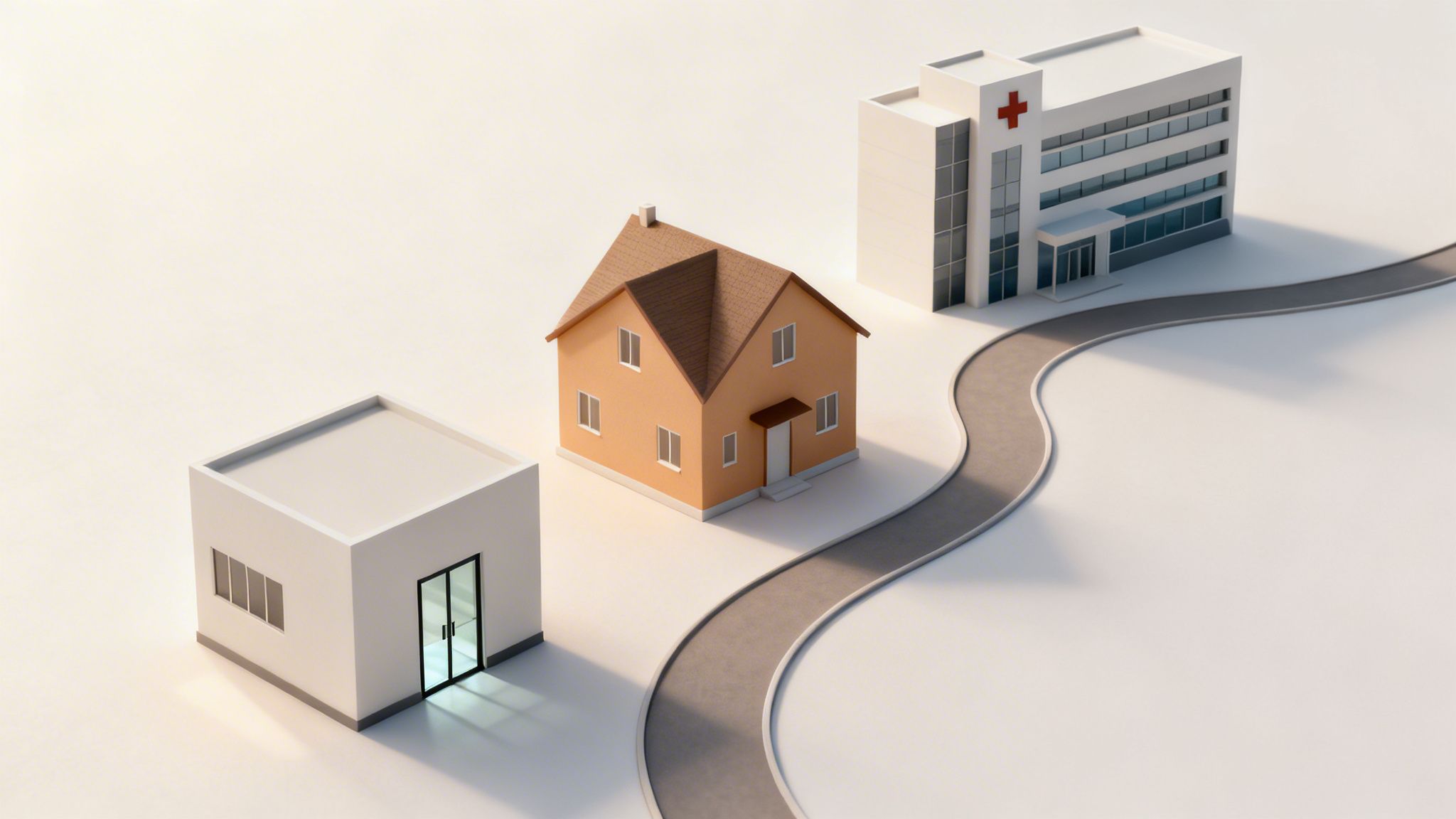 Trois bâtiments (centre, maison, hôpital) sont reliés par une route sinueuse sur fond blanc.