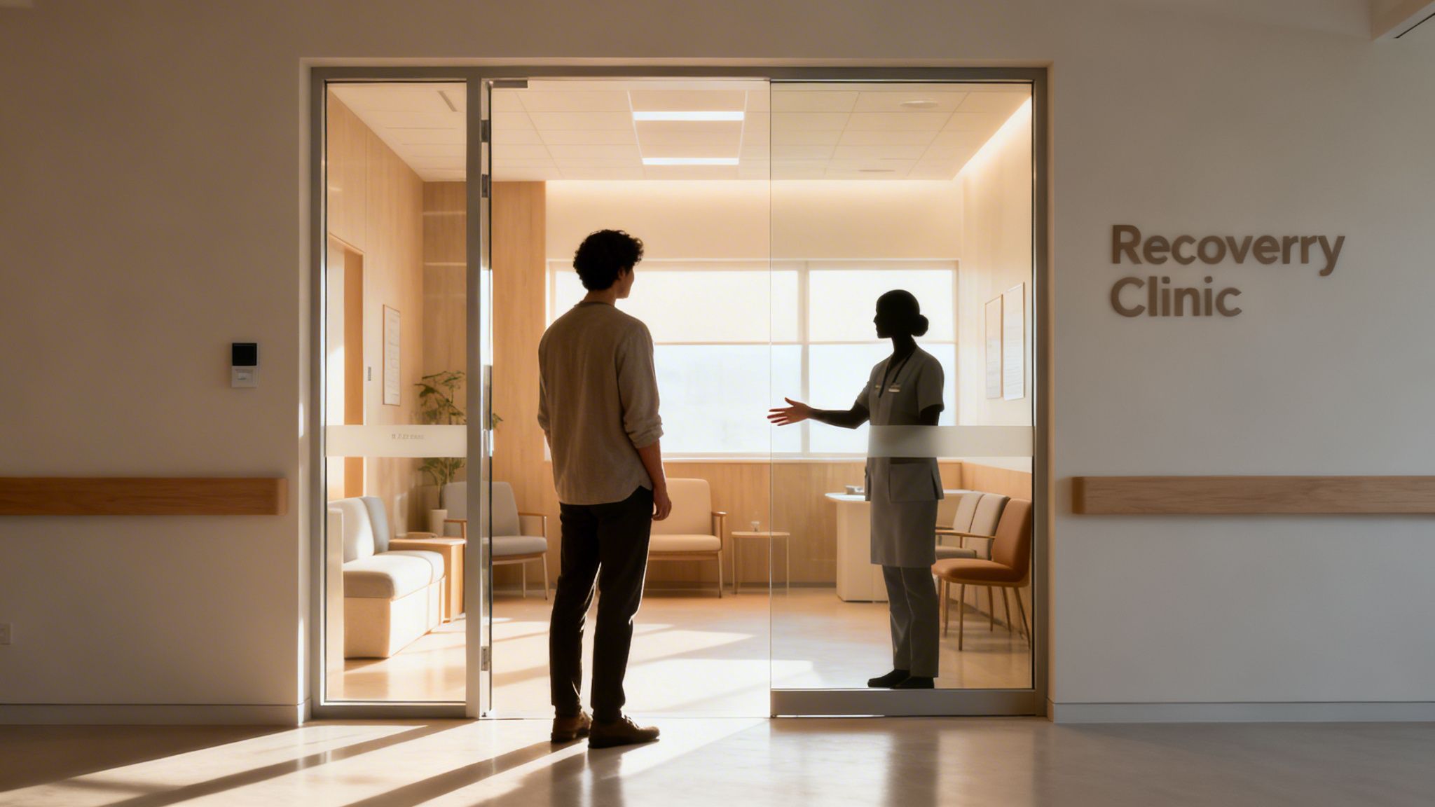 Un homme se tient devant une clinique de récupération, une infirmière lui fait signe à travers la porte vitrée.