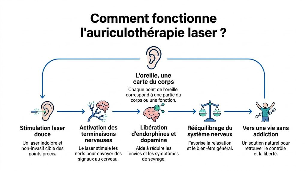 Schéma explicatif montrant comment l'auriculothérapie laser aide à surmonter les addictions par la stimulation nerveuse.
