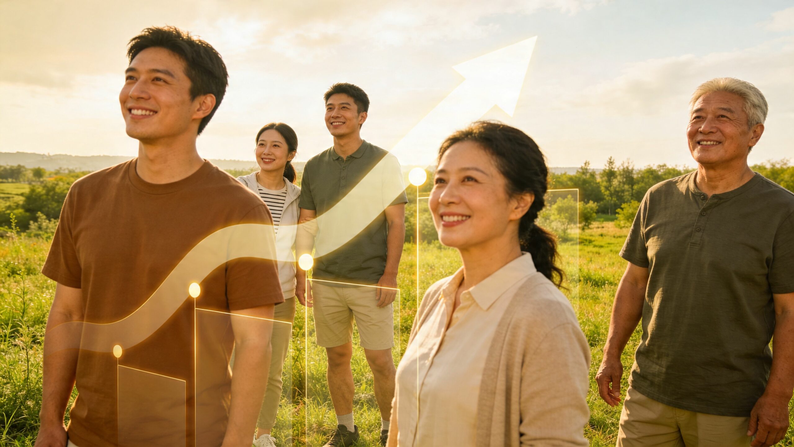 Un groupe de personnes de générations différentes regarde vers l'avenir avec un graphique de croissance en surimpression.