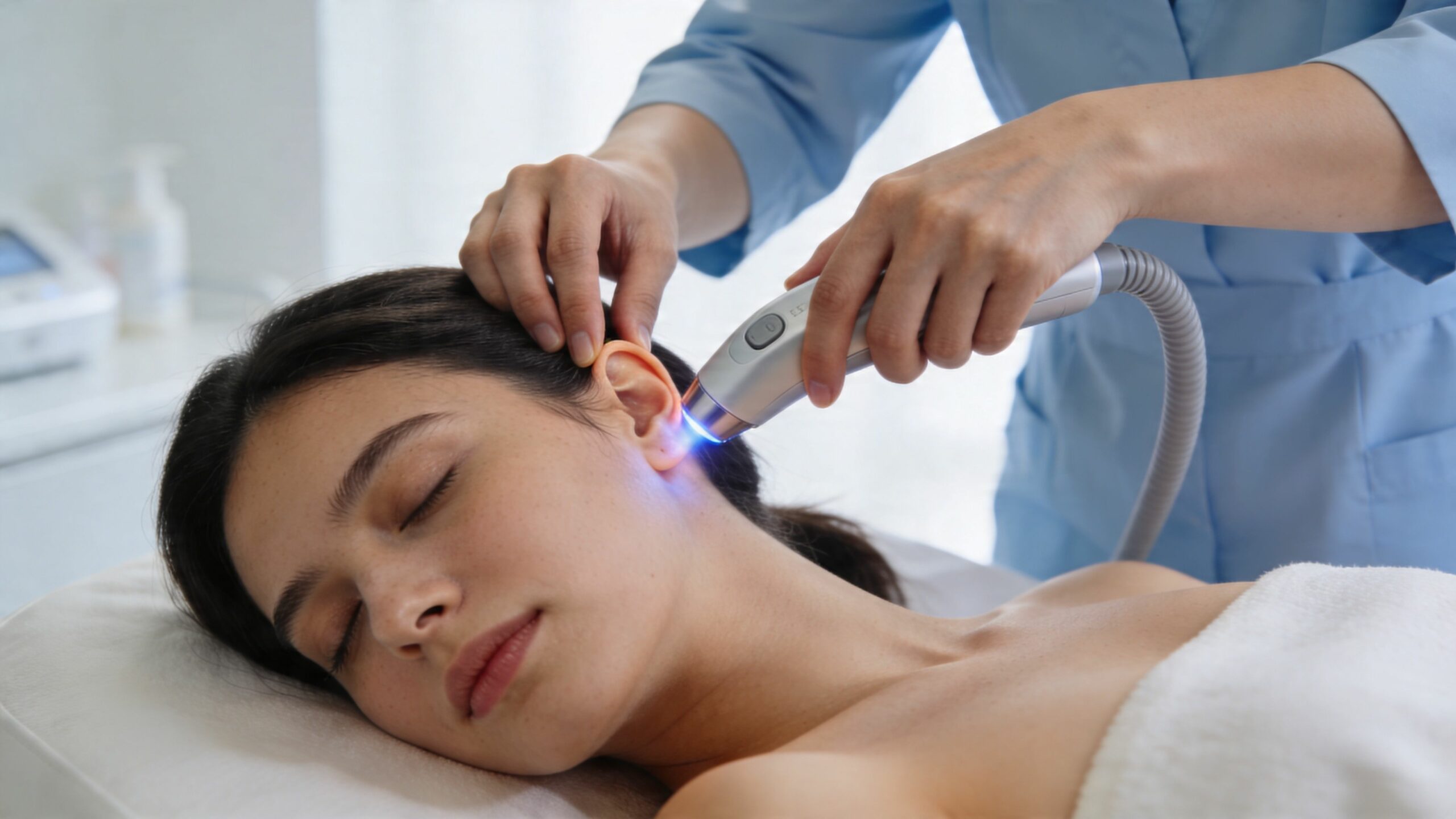 Une praticienne effectue un traitement au laser sur l'oreille d'une patiente dans un centre de soins spécialisé.
