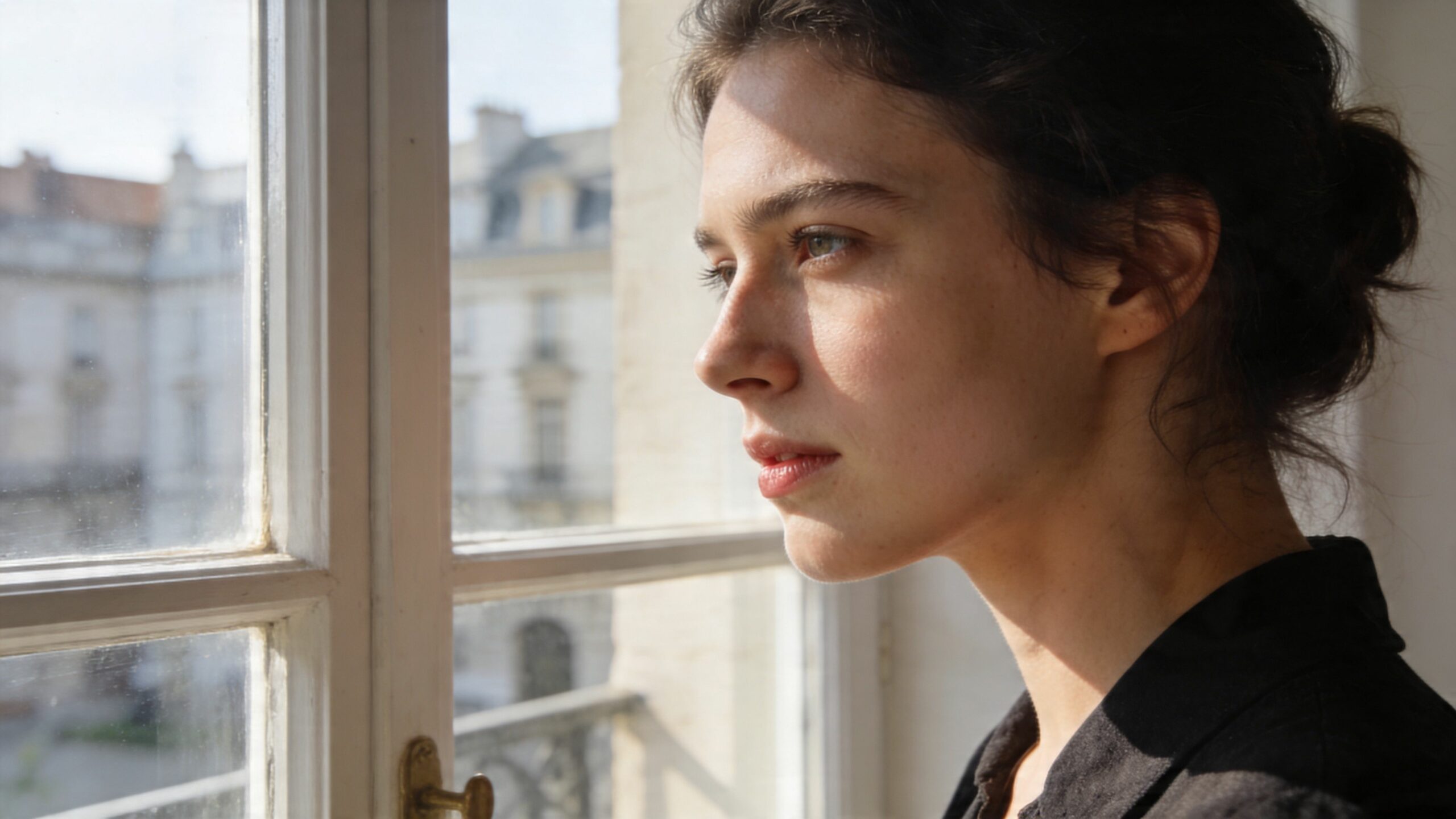Une jeune femme pensive regarde par la fenêtre d'un appartement lumineux, évoquant un sentiment de réflexion intérieure.