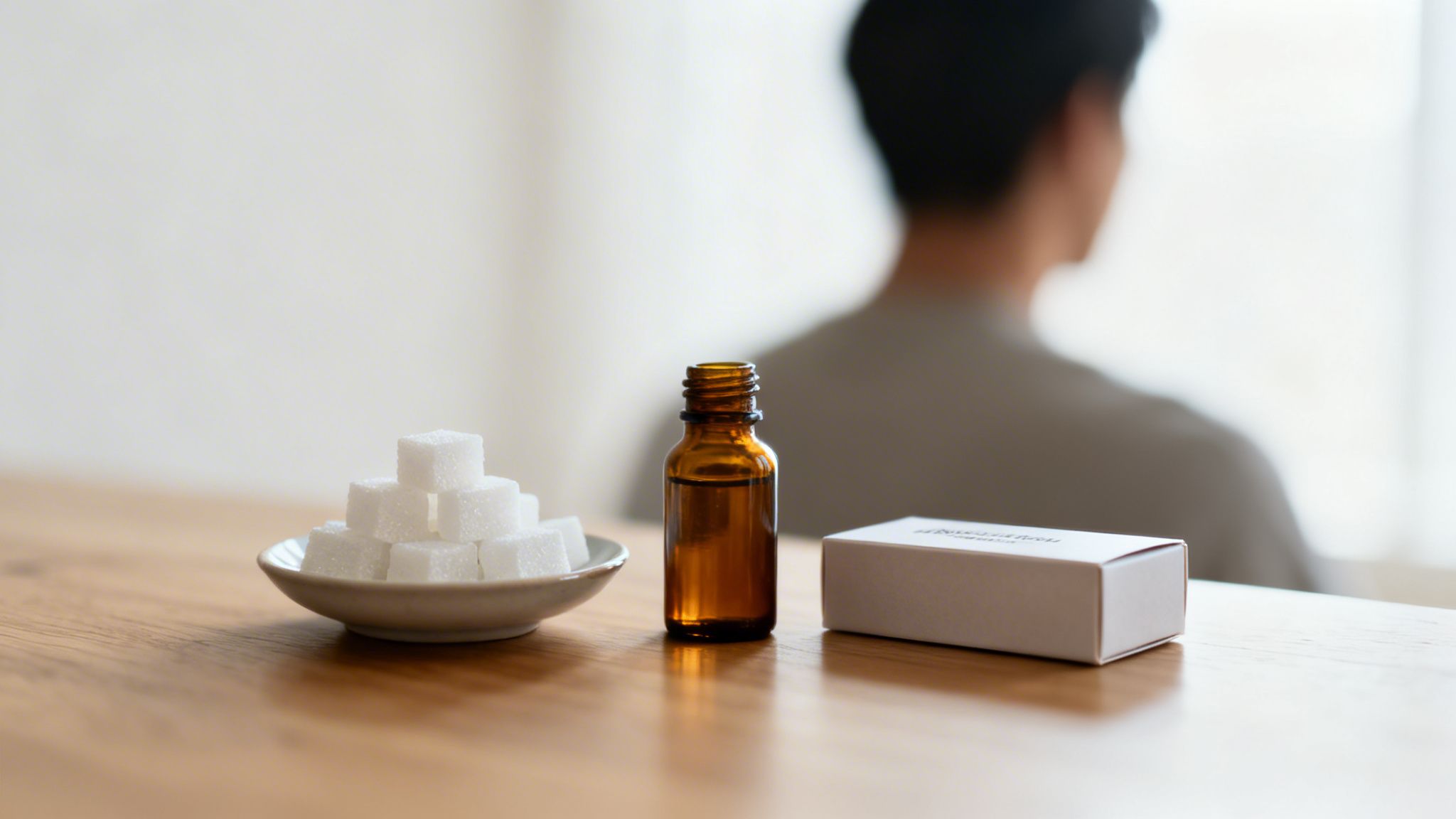 Gros plan sur des morceaux de sucre, une fiole et une boîte sur une table, avec une personne en arrière-plan flou.
