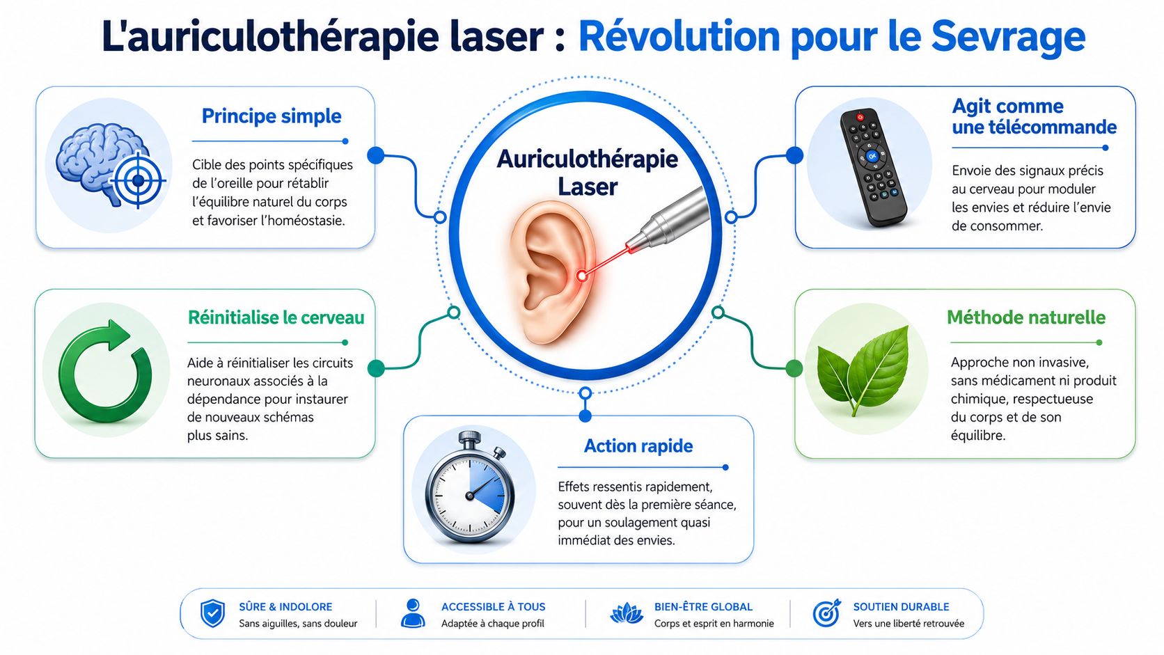 Infographie illustrant les bienfaits et le fonctionnement de l'auriculothérapie laser pour le sevrage des addictions.
