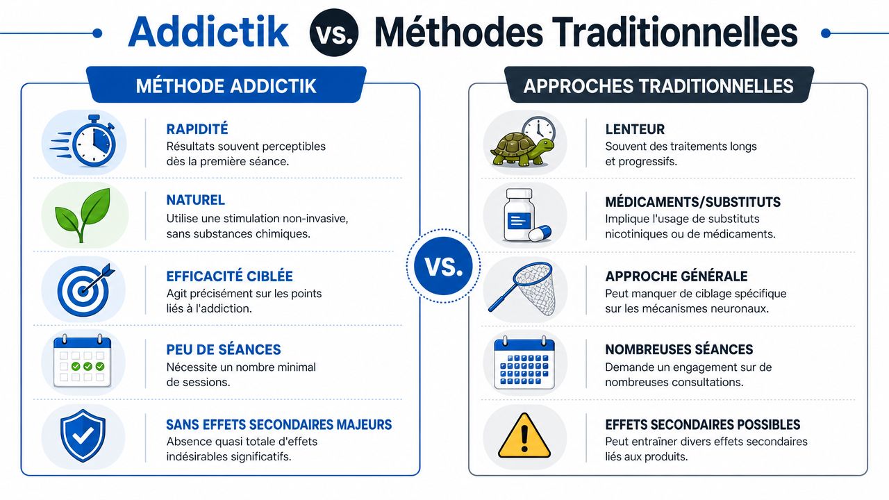 Infographie comparative présentant les avantages de la méthode Addictik face aux traitements traditionnels des addictions.