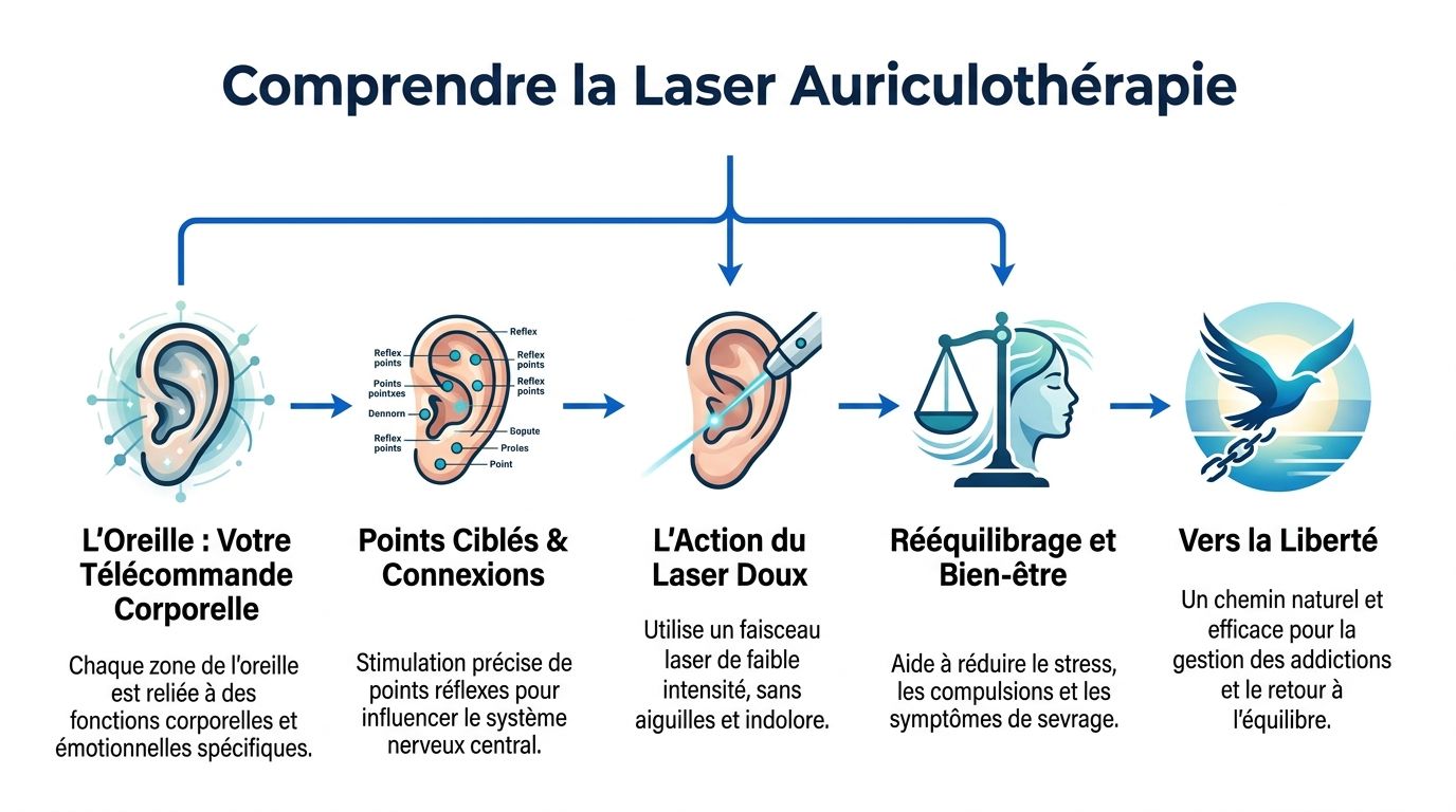 Schéma explicatif montrant le processus de la laser auriculothérapie pour traiter les addictions et retrouver l'équilibre.