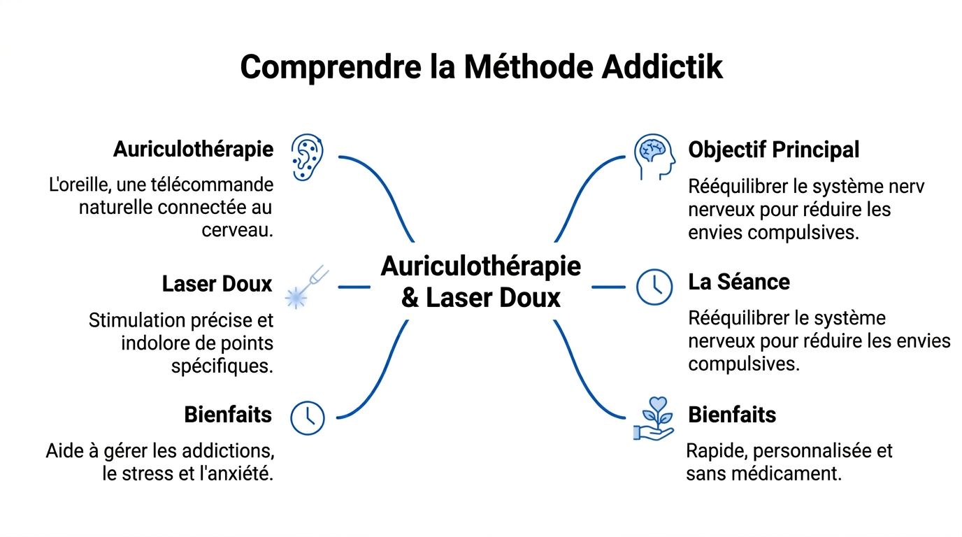 Schéma explicatif de la Méthode Addictik utilisant l'auriculothérapie et le laser doux pour traiter les addictions.