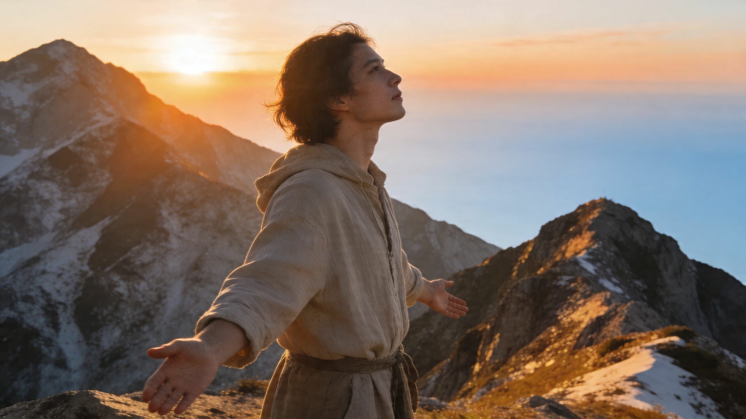 Un jeune homme en vêtements traditionnels se tient sur une montagne au coucher du soleil, bras grands ouverts.