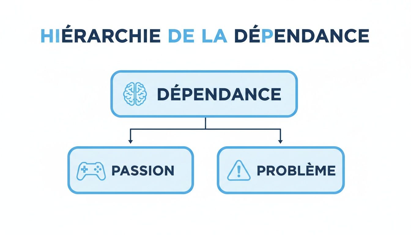 Diagramme expliquant la hiérarchie de la dépendance, se divisant en passion (manette de jeu) et problème (alerte).