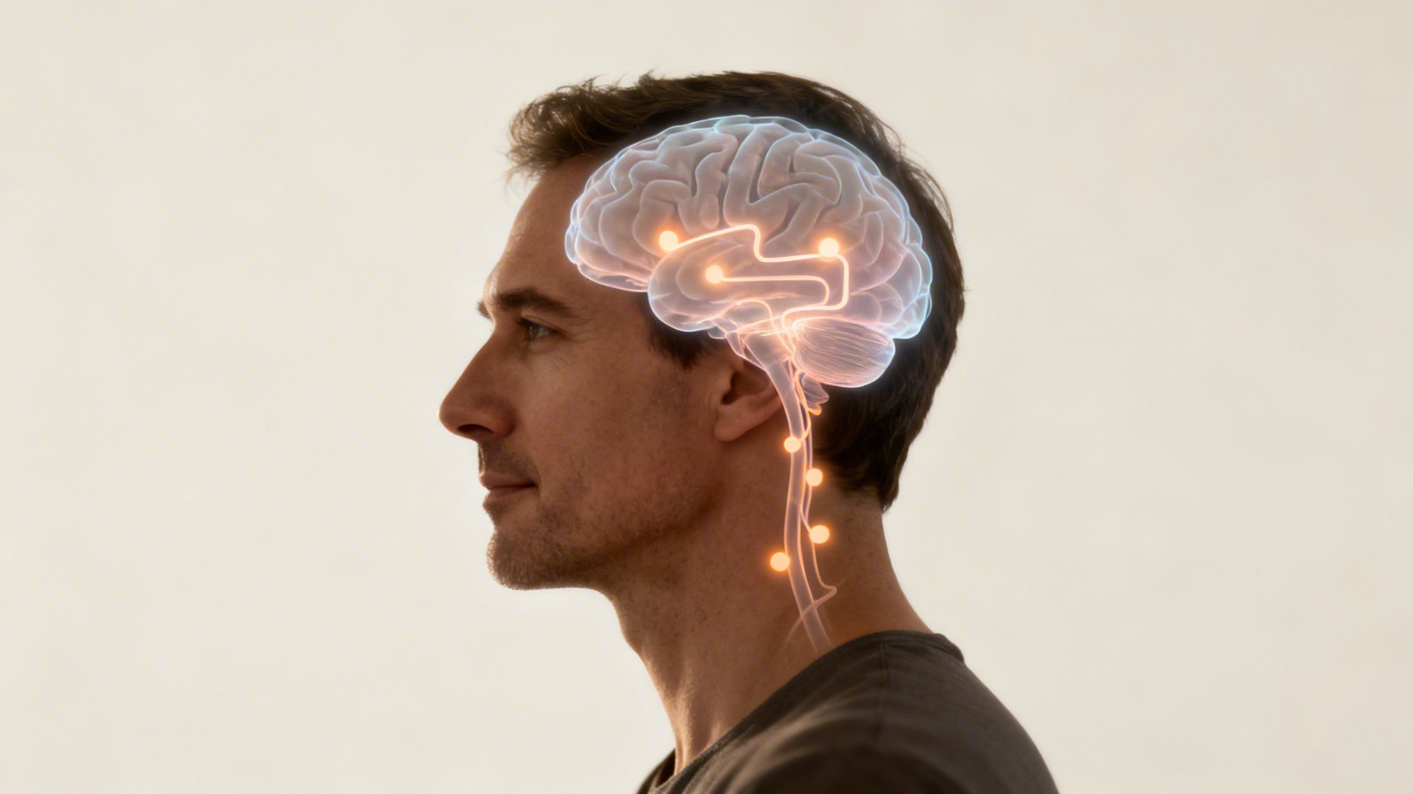 Profil d'un homme avec un cerveau et un système nerveux lumineux superposés, symbolisant l'activité neuronale.