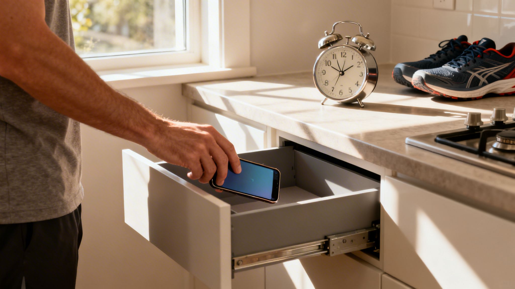 Un homme range son téléphone portable dans un tiroir de cuisine, près d'un réveil et de chaussures de course.