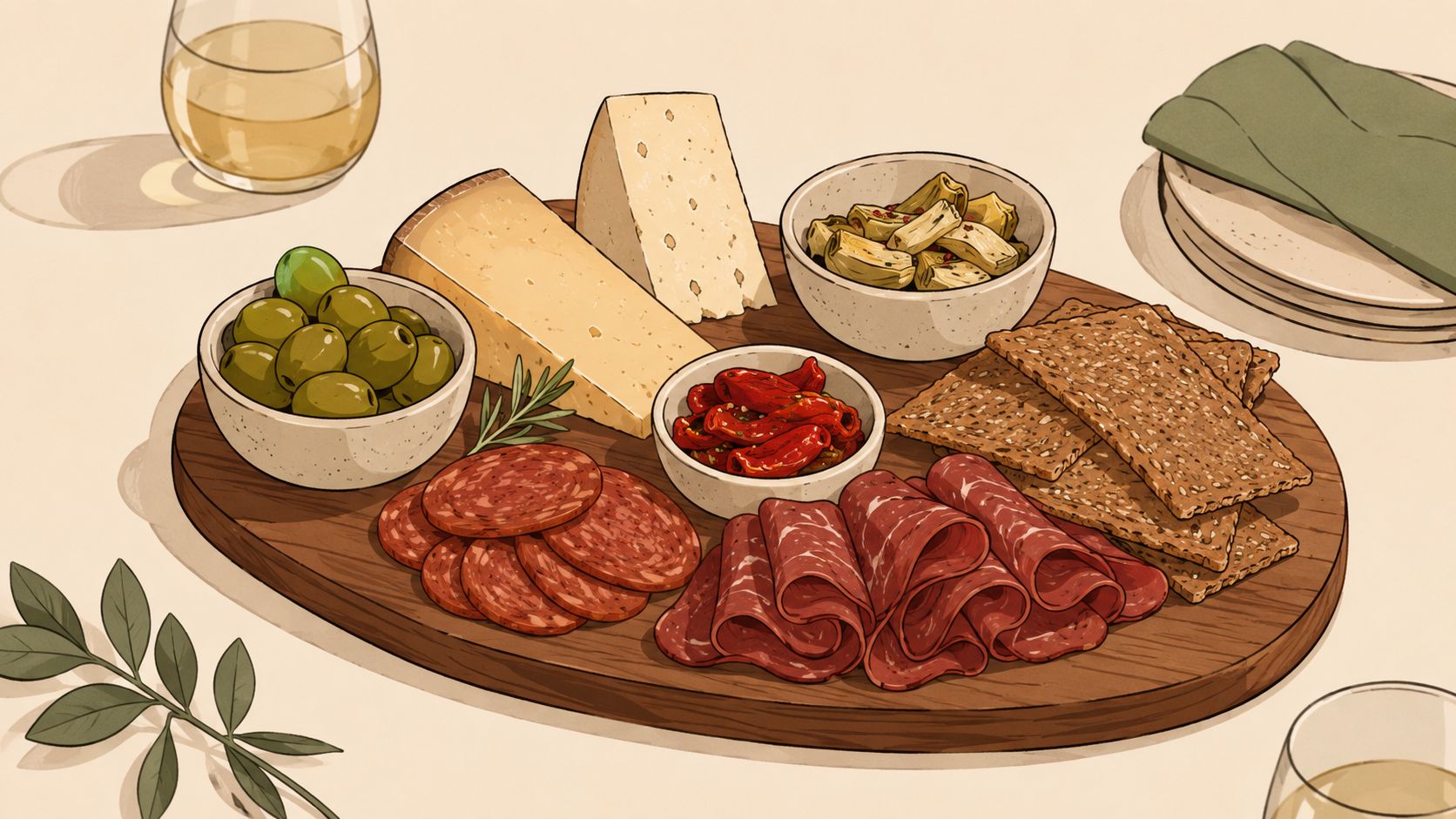 Une planche apéritive illustrée avec du fromage, de la charcuterie, des olives et des craquelins.