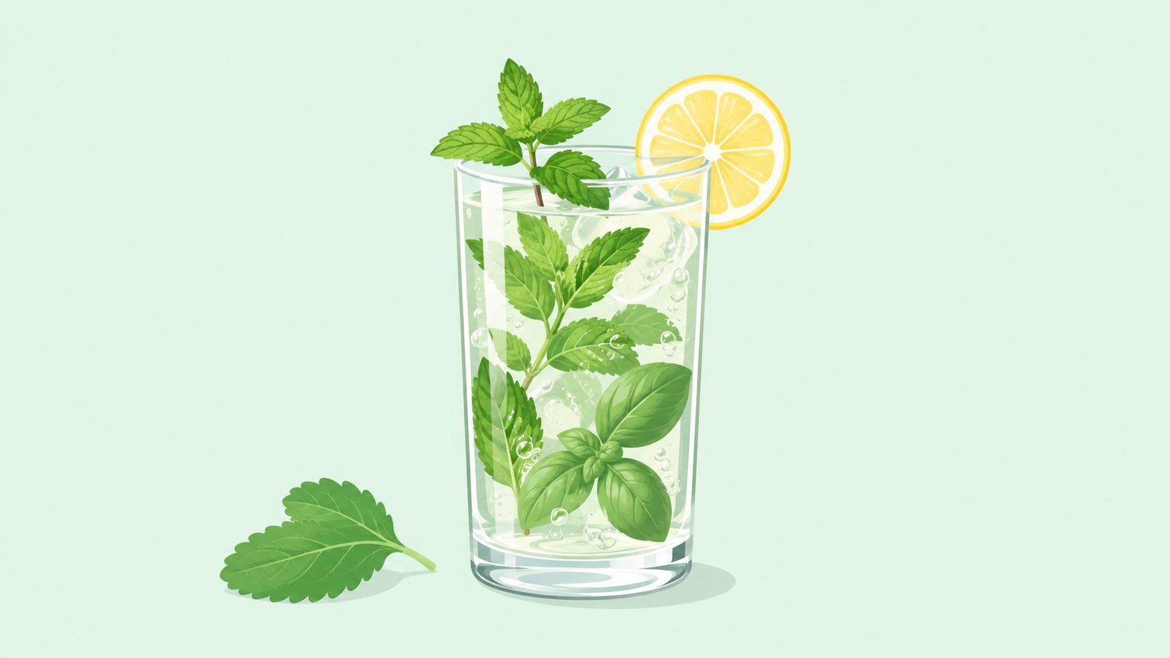 Un verre de cocktail rafraîchissant sans alcool garni de feuilles de menthe fraîches et d'une tranche de citron.