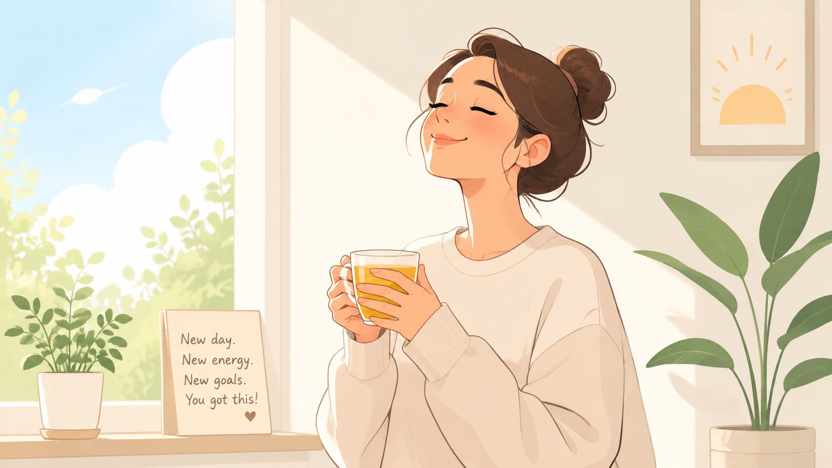 Une jeune femme souriante tenant une tasse de thé près d'une fenêtre ensoleillée avec une note inspirante.