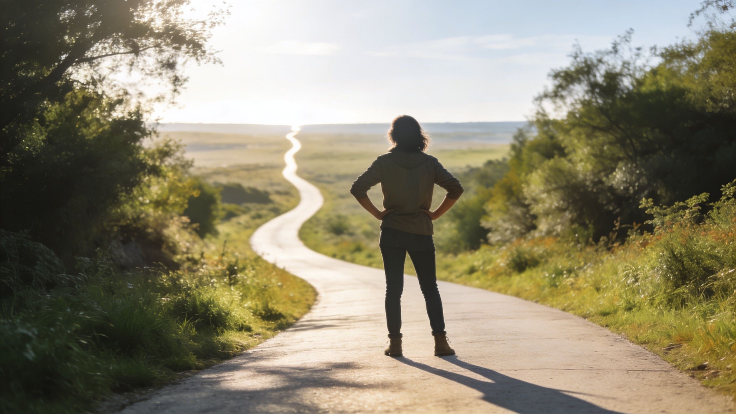 Une personne debout sur un chemin sinueux contemplant l'horizon vers un avenir lumineux et plein d'espoir.