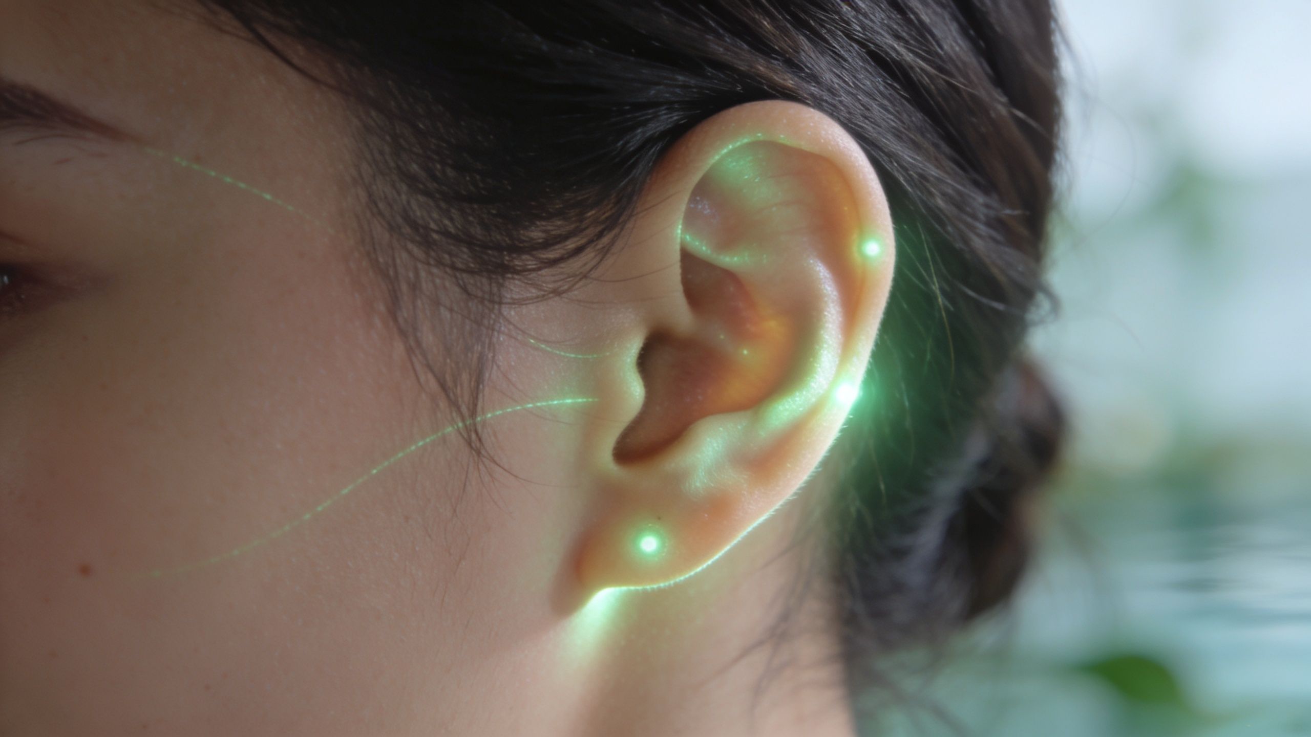 Une oreille humaine avec des points lumineux verts indiquant des zones ciblées pour la auriculothérapie laser.