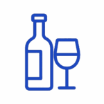 Icône bleue montrant une bouteille et un verre de vin pour illustrer la consommation d’alcool.
