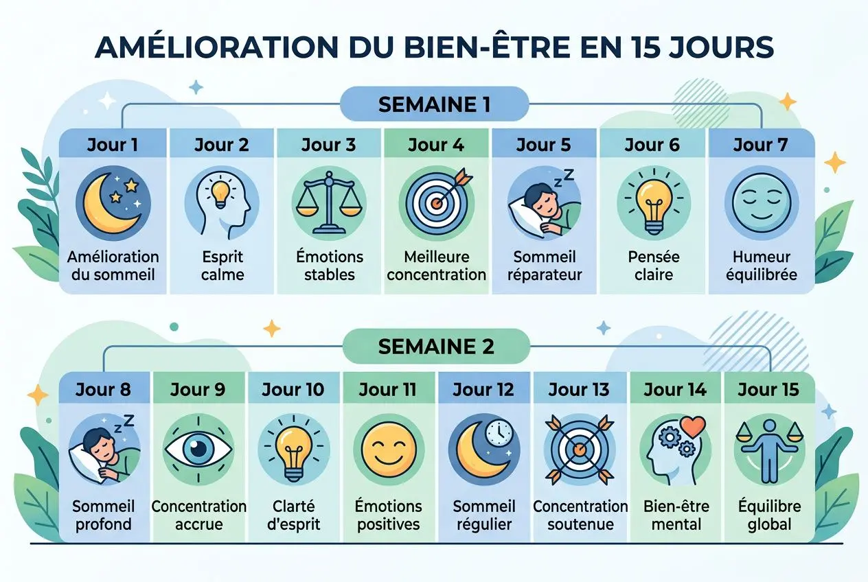 Amélioration du bien-être en 15 jours : programme visualisant les 15 jours sans alcool et leurs bienfaits.