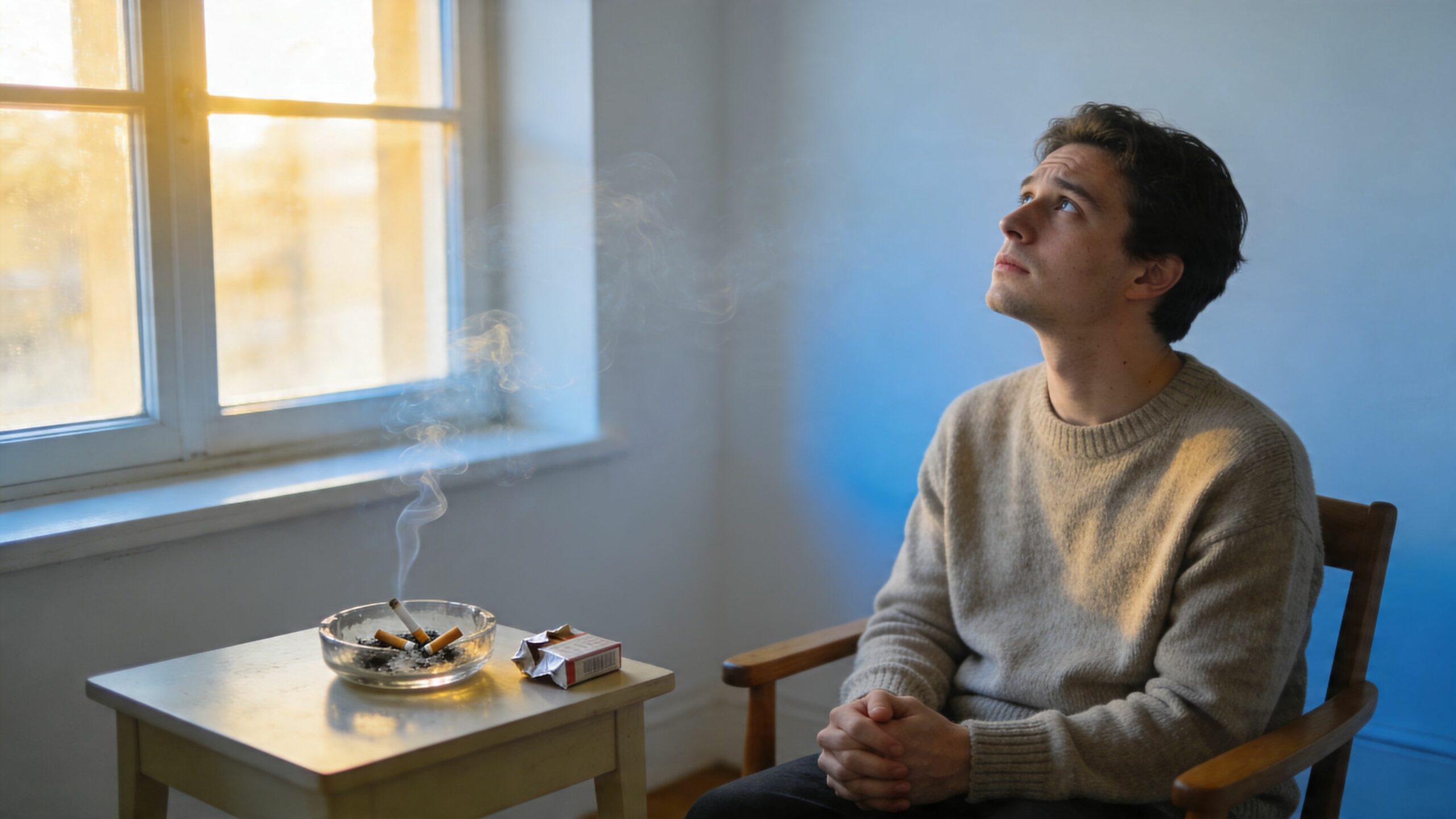 Un jeune homme triste assis sur une chaise regarde le ciel avec un cendrier rempli de cigarettes