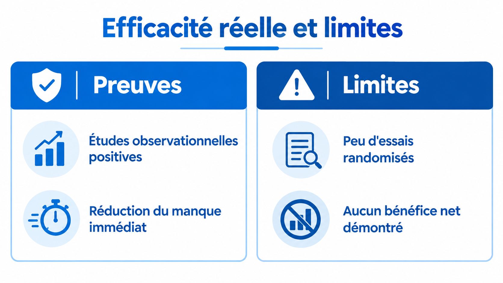 Tableau comparatif illustrant l'efficacité réelle et les limites des méthodes anti-tabac, incluant preuves et points de vigilance.