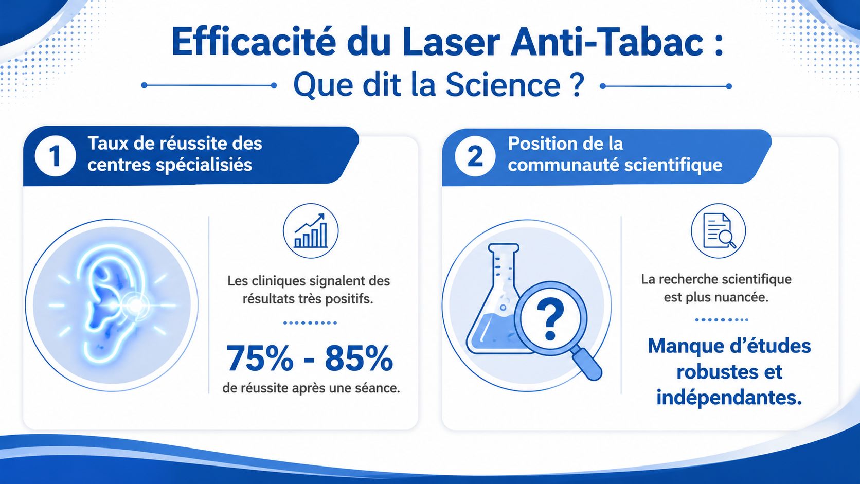 Infographie comparant les taux de réussite auto-rapportés du laser anti-tabac et la position scientifique prudente.