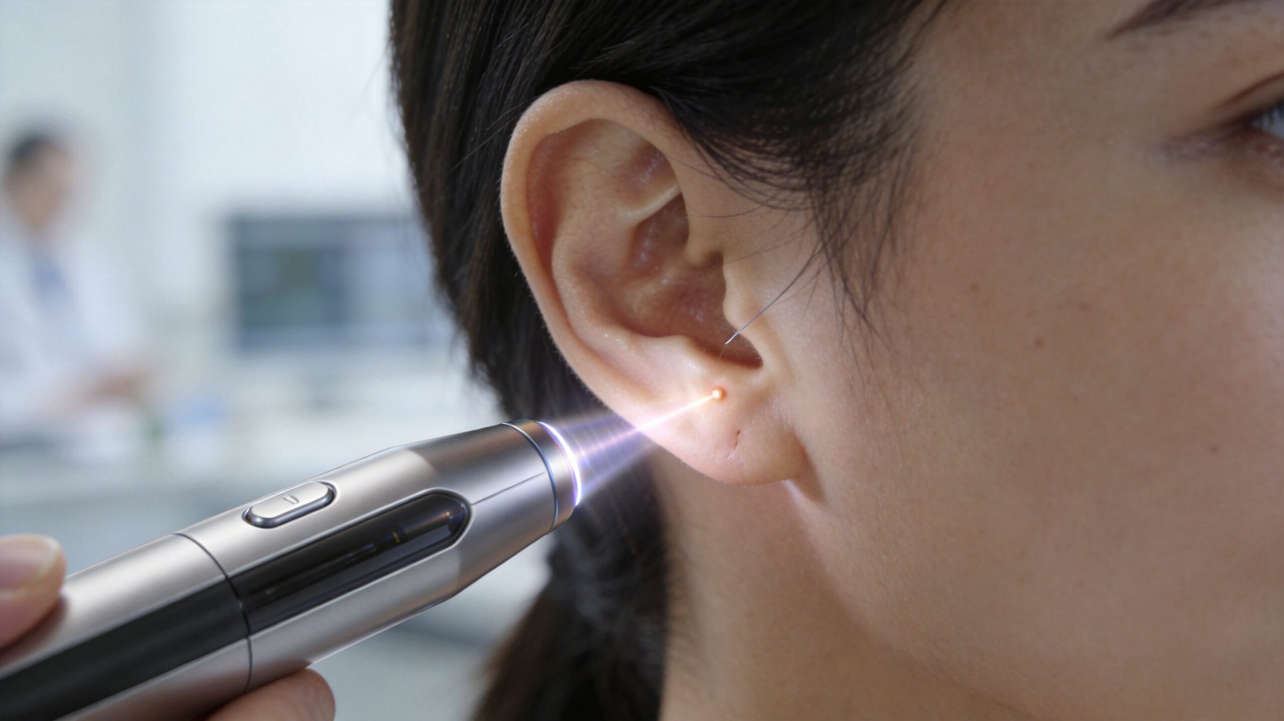 Laser anti-tabac avis: Guide complet 2026 3 Une patiente recevant un traitement par laser anti-tabac sur le pavillon de l'oreille dans un cabinet médical.