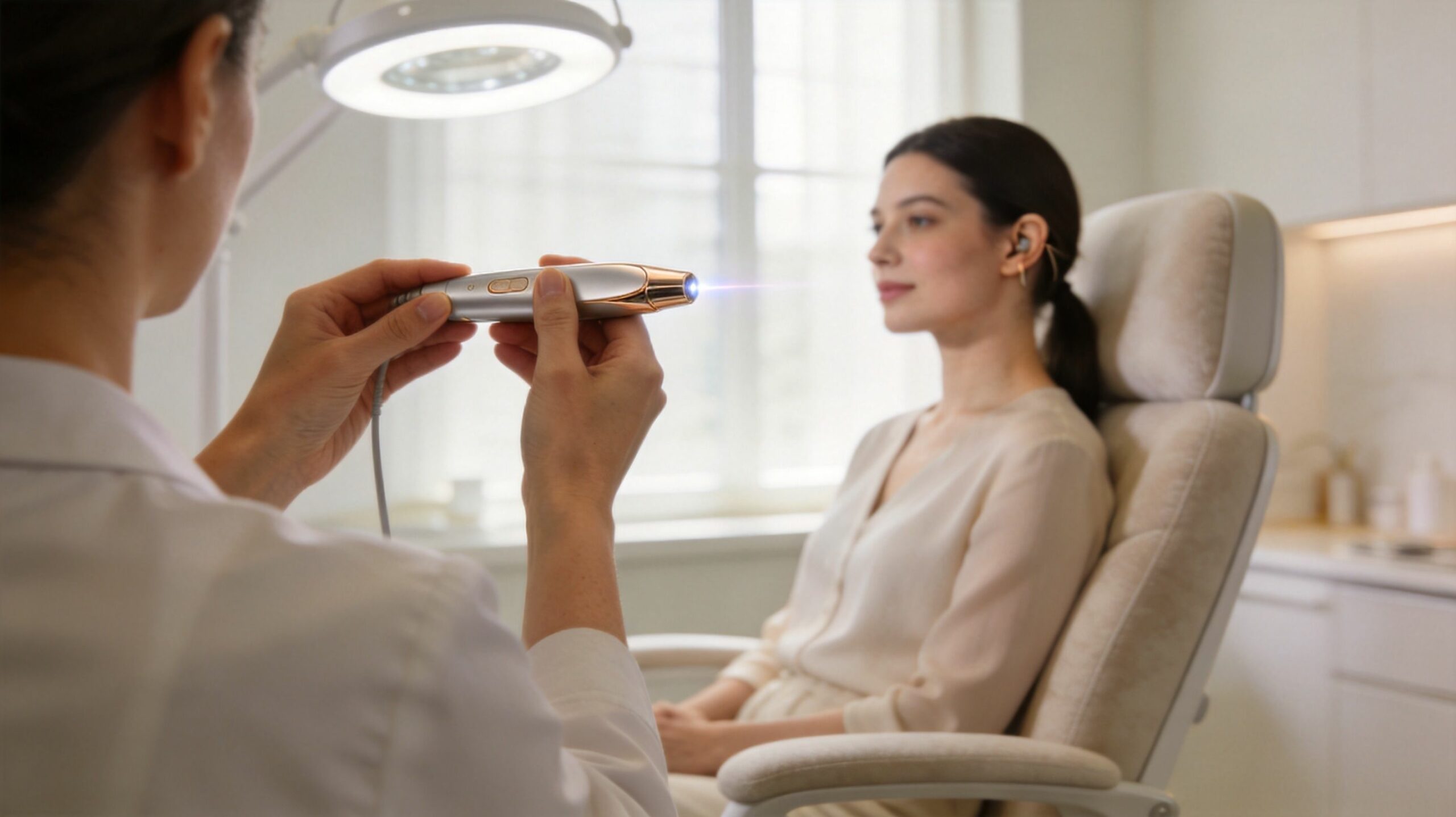 Laser anti-tabac avis: Guide complet 2026 5 Une praticienne utilise un appareil laser sur une cliente assise dans un cabinet médical spécialisé