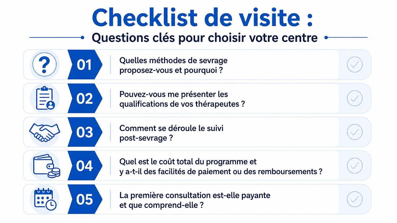 Une liste de cinq questions essentielles à poser lors de la visite d'un centre de sevrage tabagique.