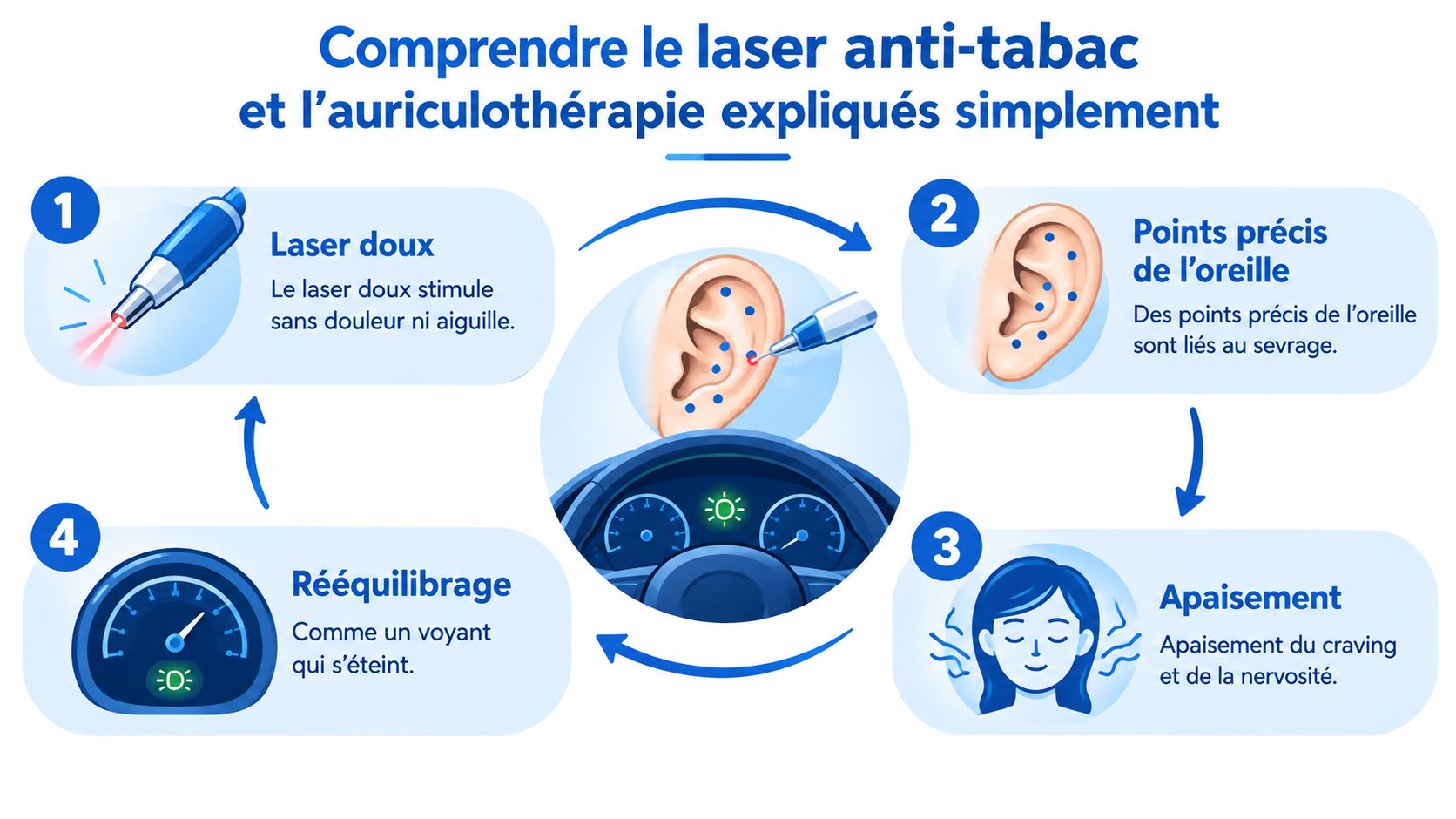 Schéma explicatif illustrant le fonctionnement du traitement par laser anti-tabac et auriculothérapie pour arrêter de fumer.
