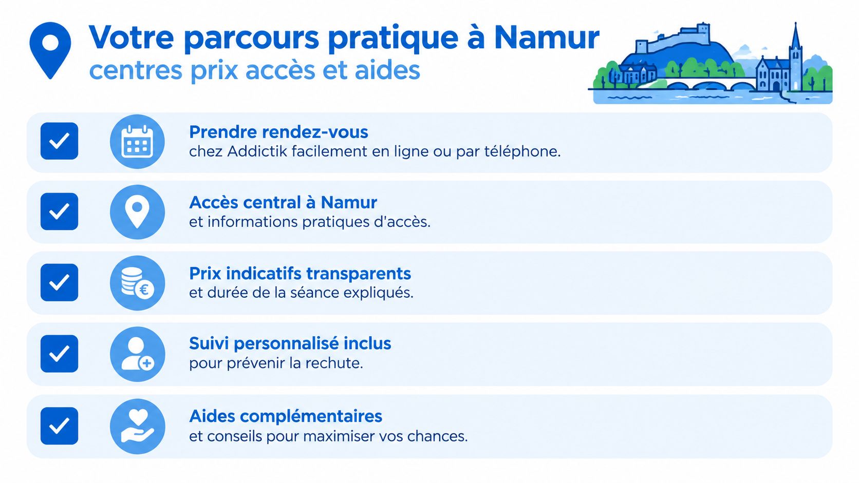 Liste des étapes et services pour un traitement anti-tabac accessible à Namur avec Addictik.