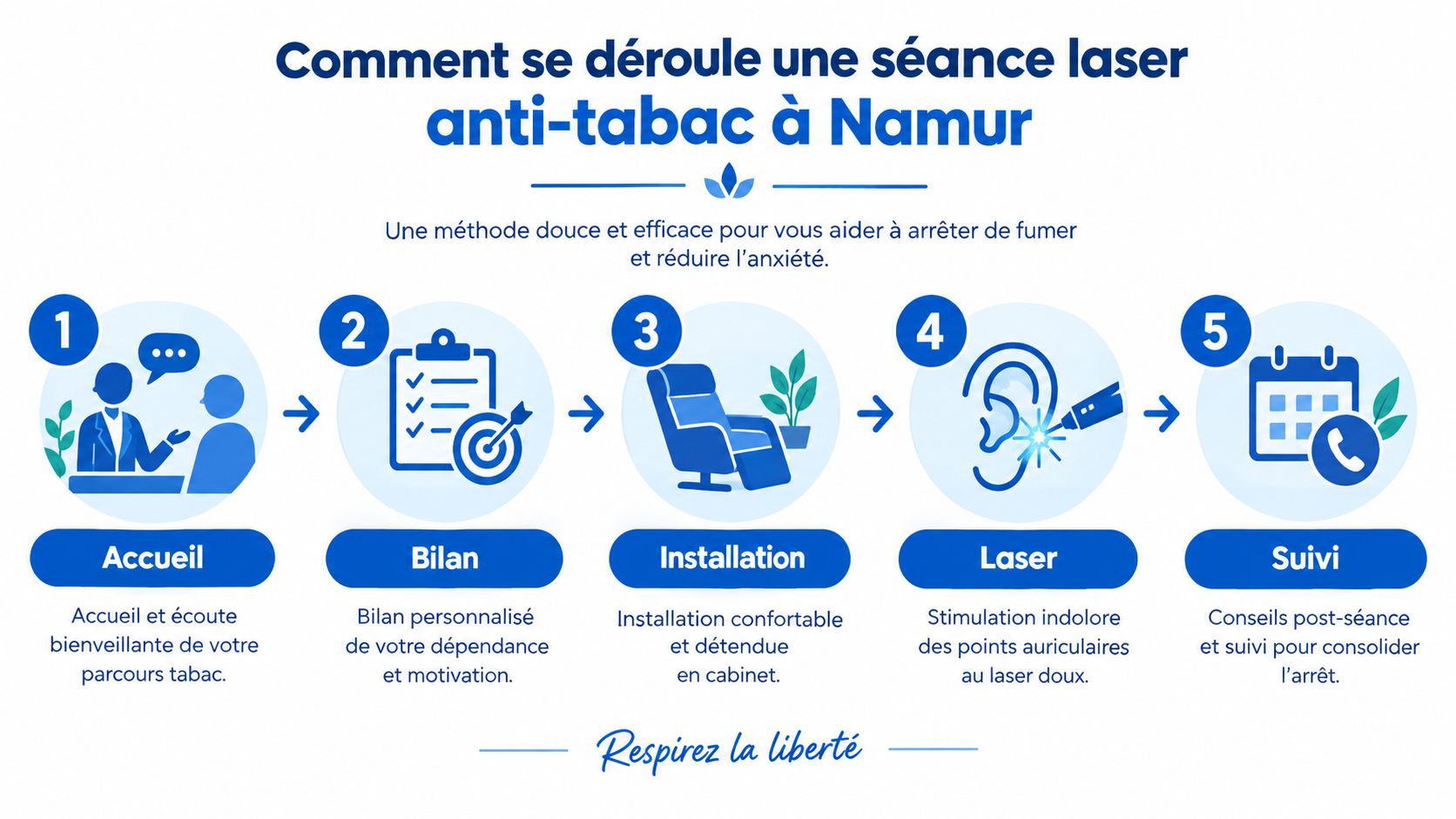 Infographie détaillant les cinq étapes du processus de séance laser anti-tabac à Namur pour arrêter de fumer.